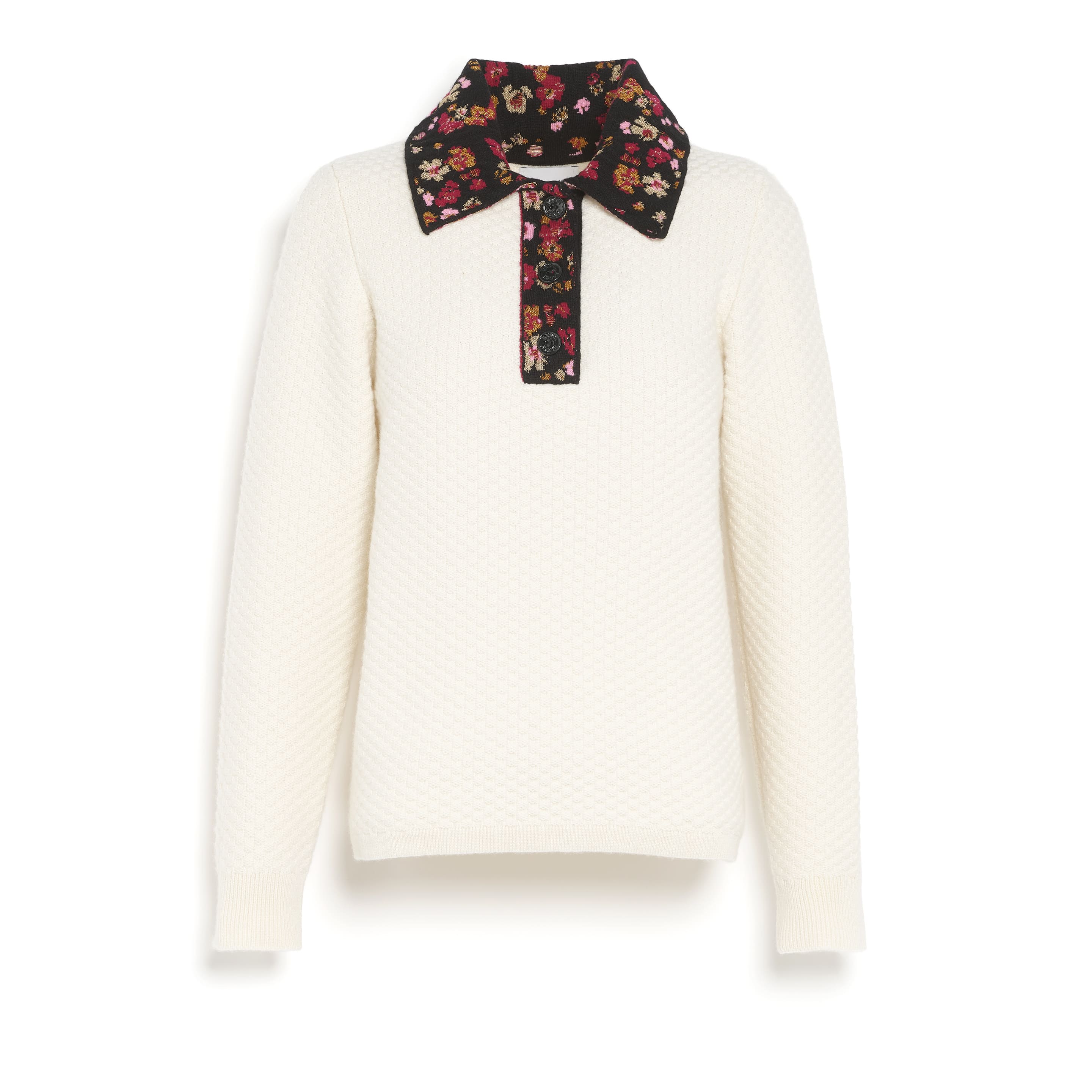 Pull en cachemire à col polo motif fleuri