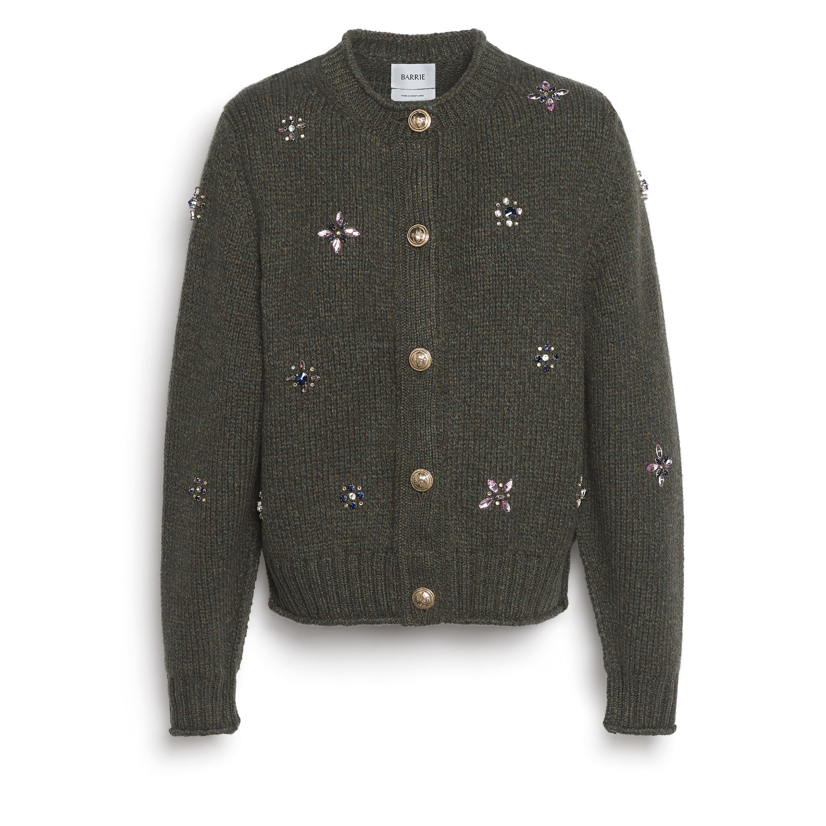 Chunky cashmere cardigan with gold buttons with embroidery
