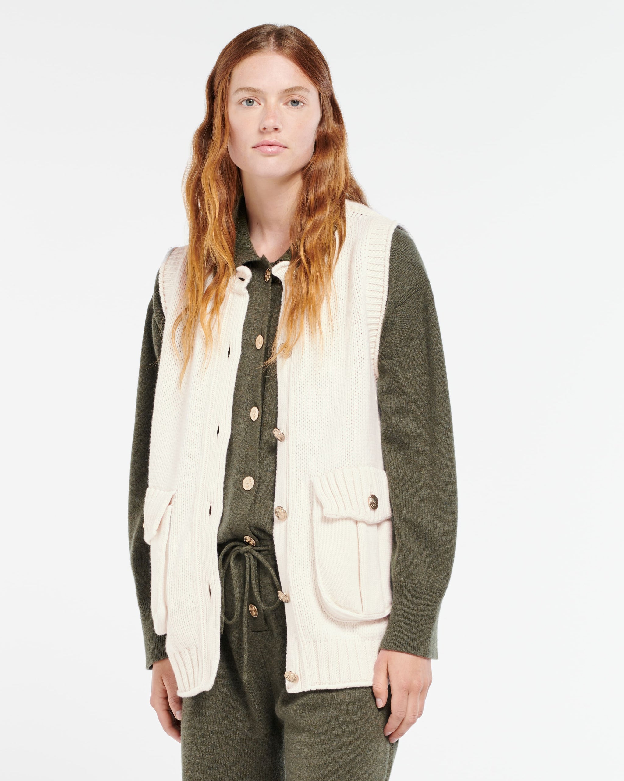 Chunky sleeveless cardigan with gold buttons | Barrie - Barrie