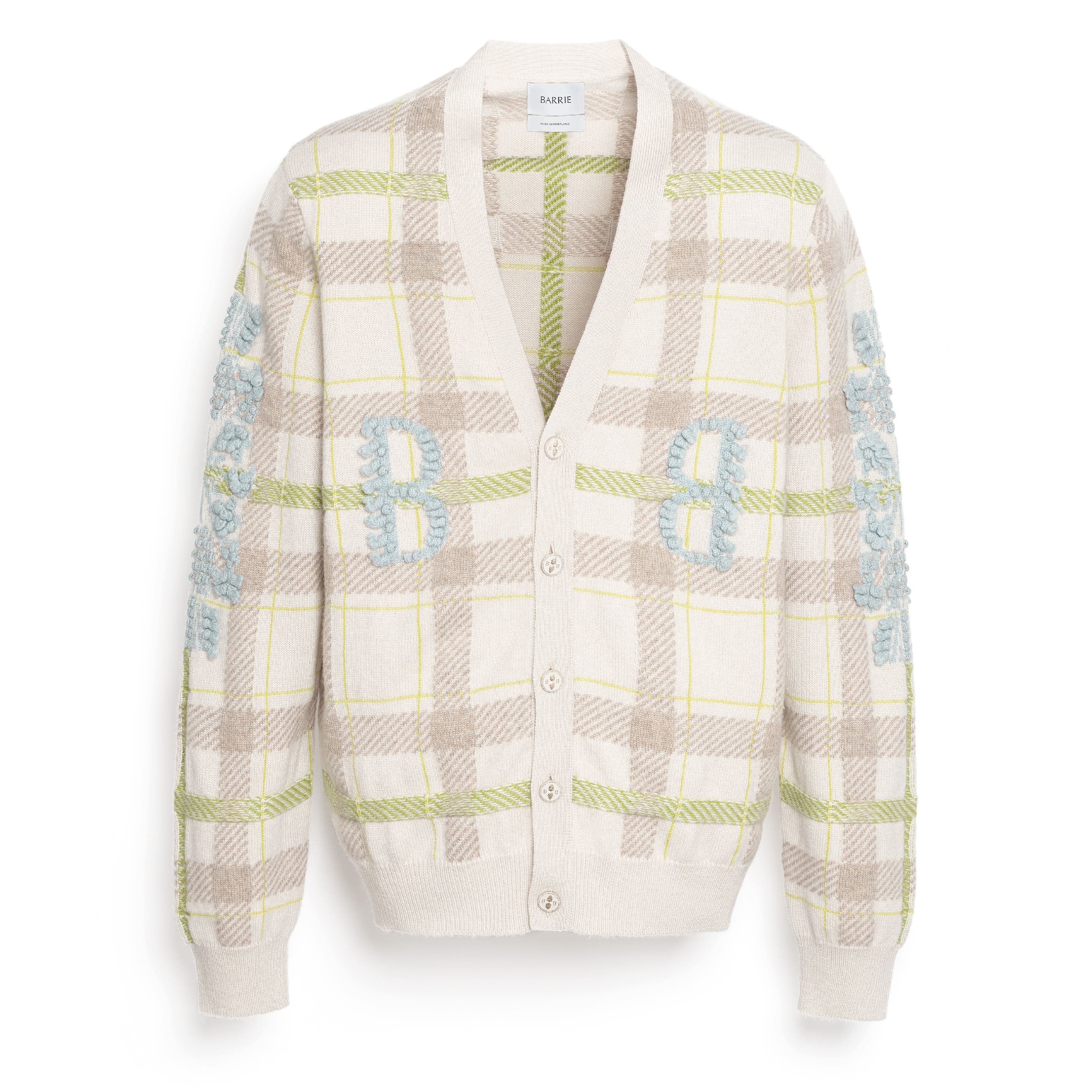 V-neck cashmere cardigan with tartan pattern and B logo