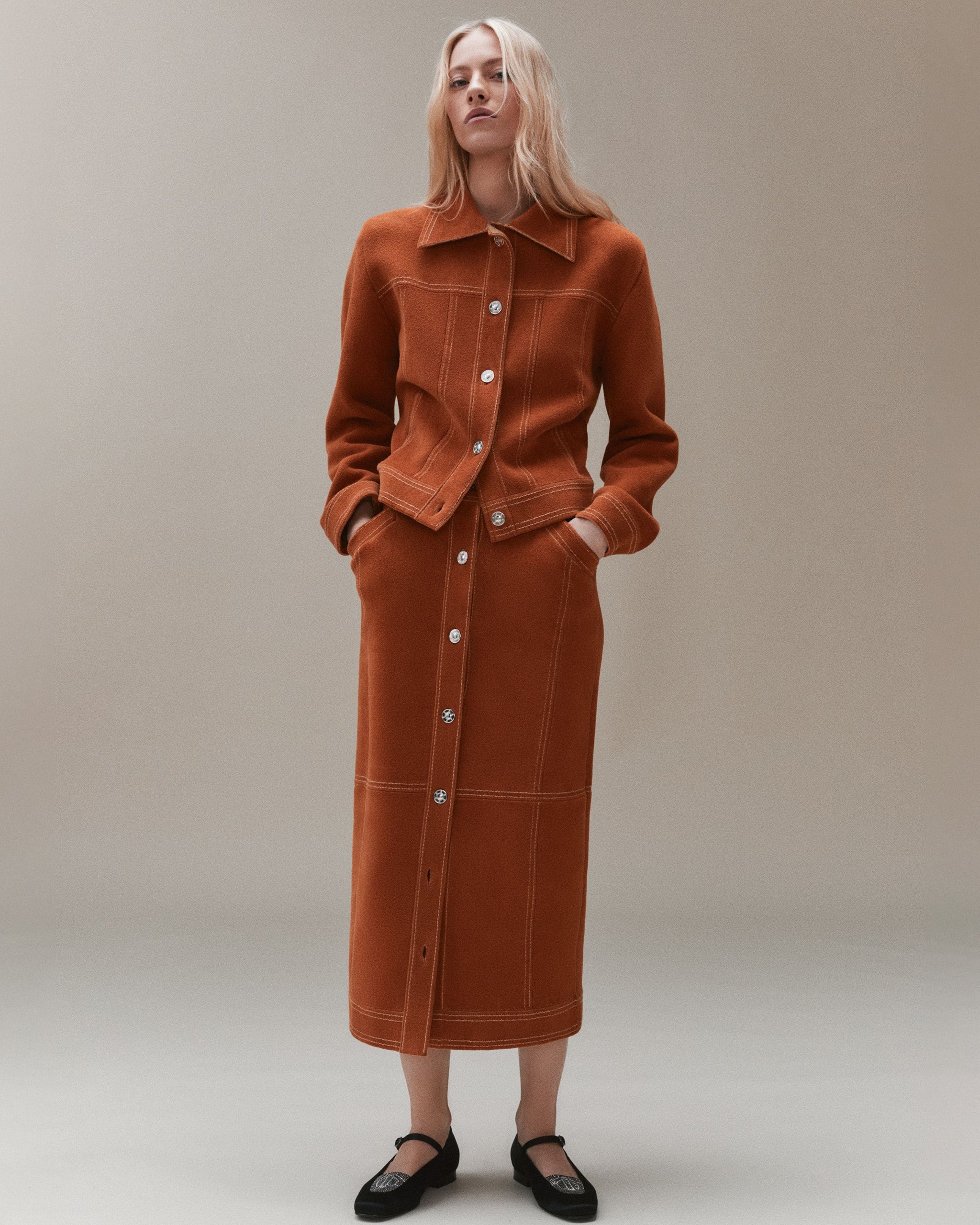 캐시미어와 면 스웨이드 효과 맥시 스커트 | Barrie - Barrie