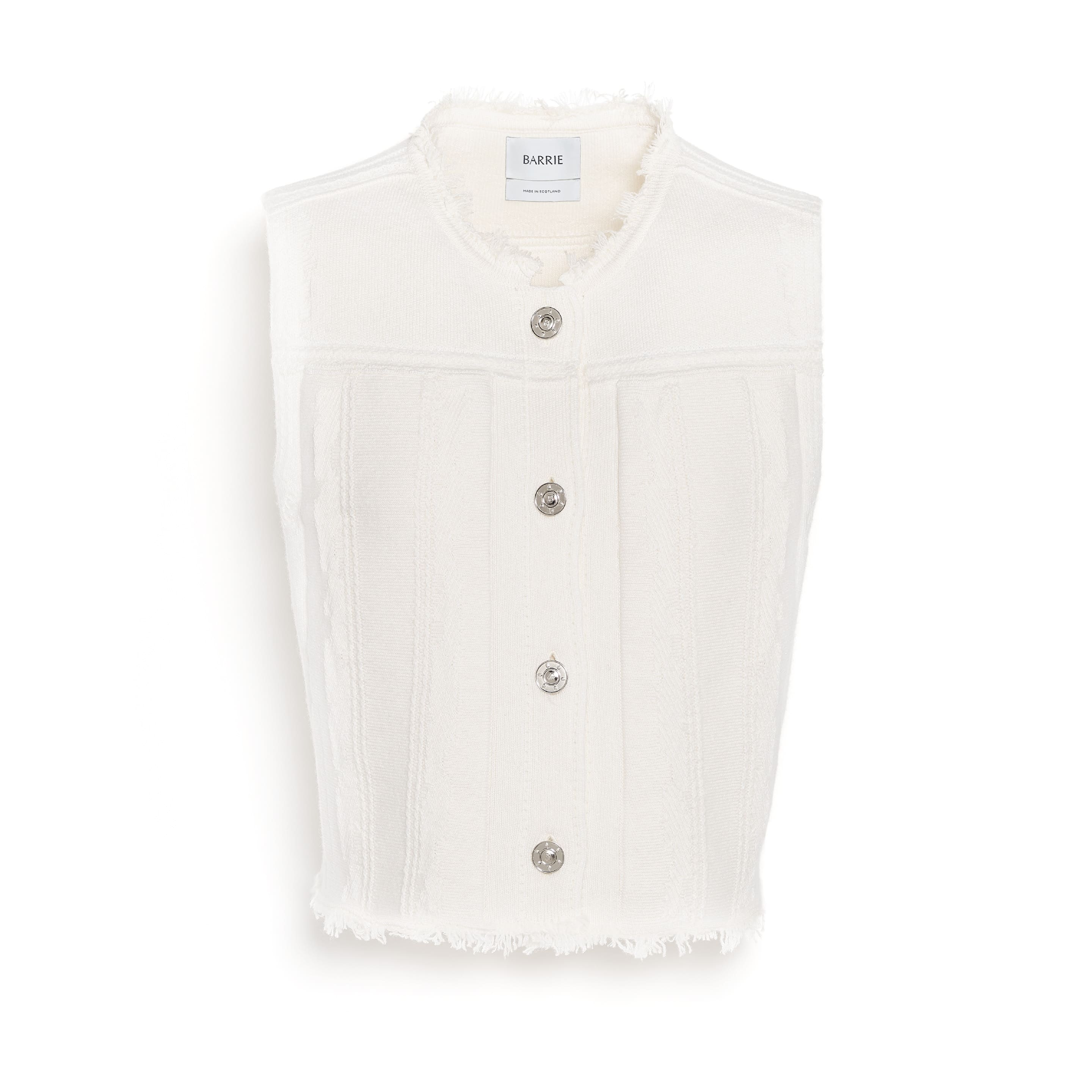 Denim fringed cashmere and cotton sleeveless jacket