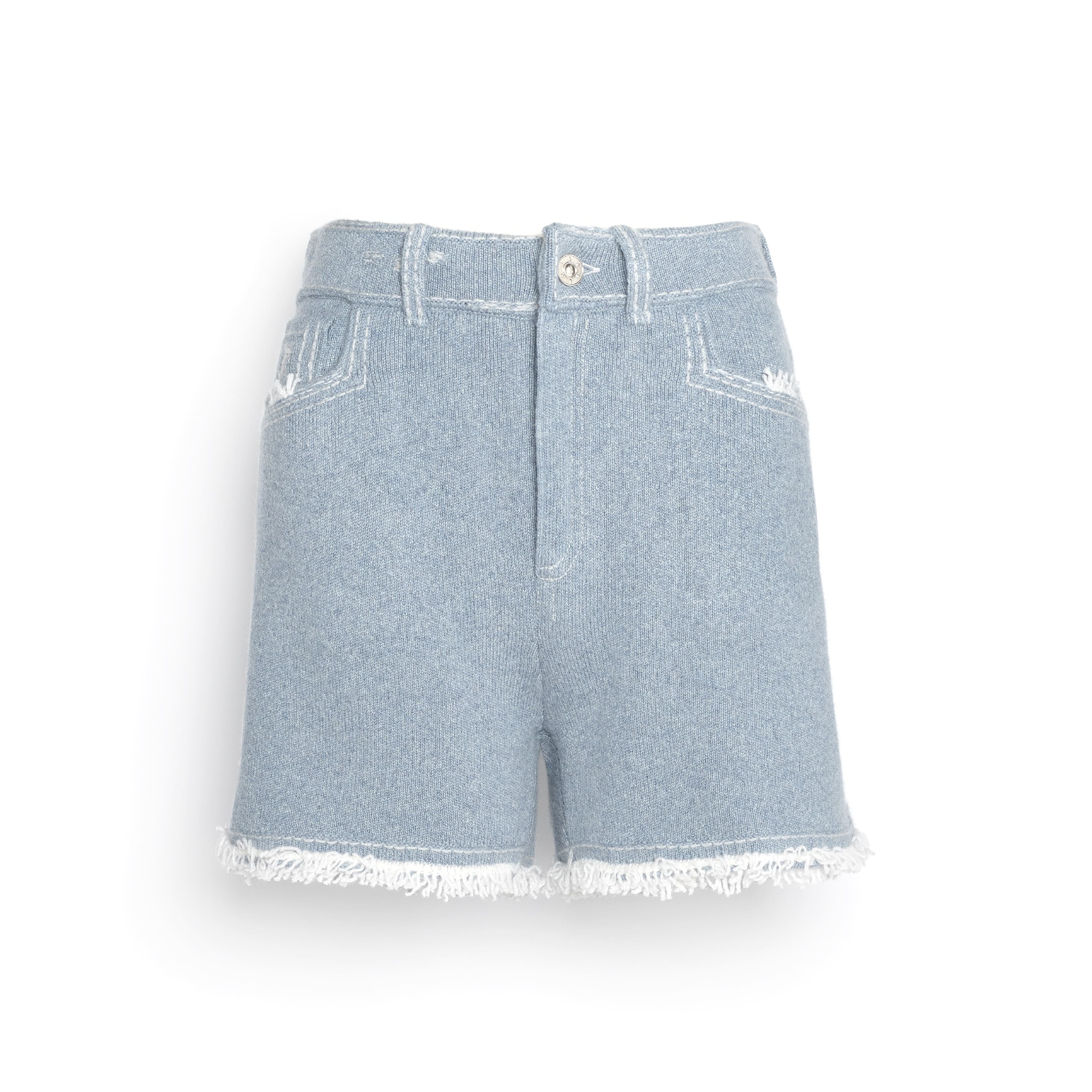 Denim fringed cashmere and cotton shorts