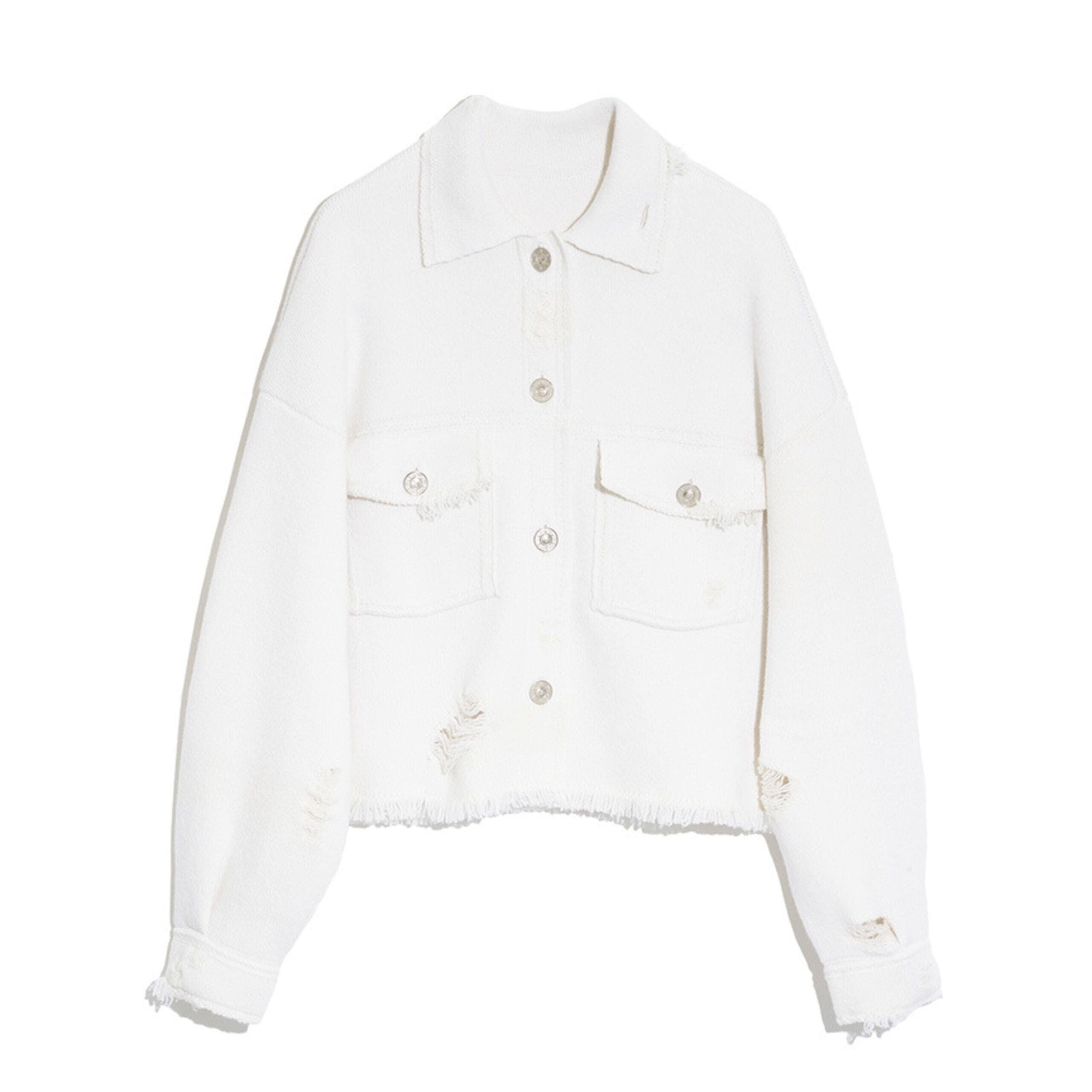 Denim fringed cashmere and cotton jacket