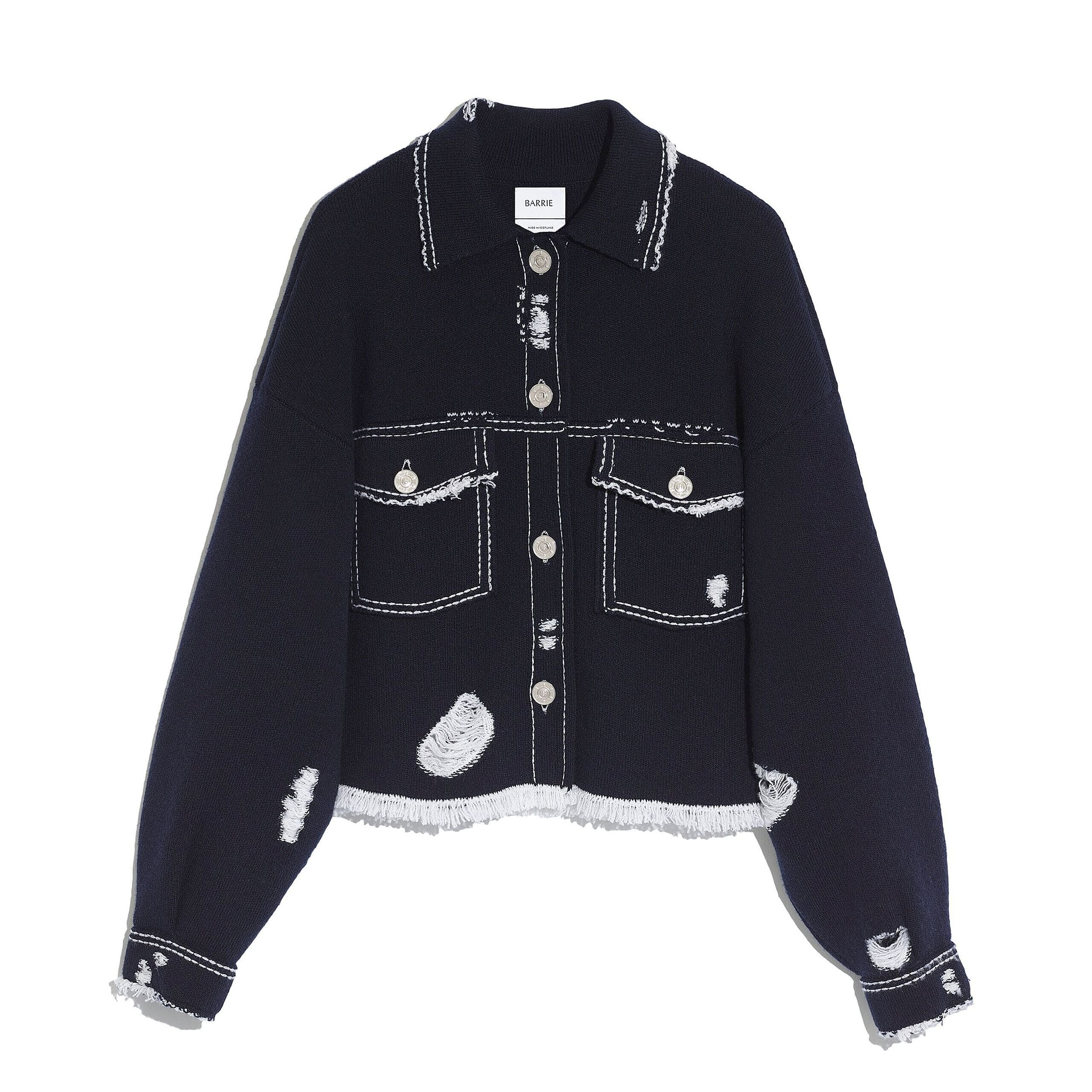 Denim fringed cashmere and cotton jacket