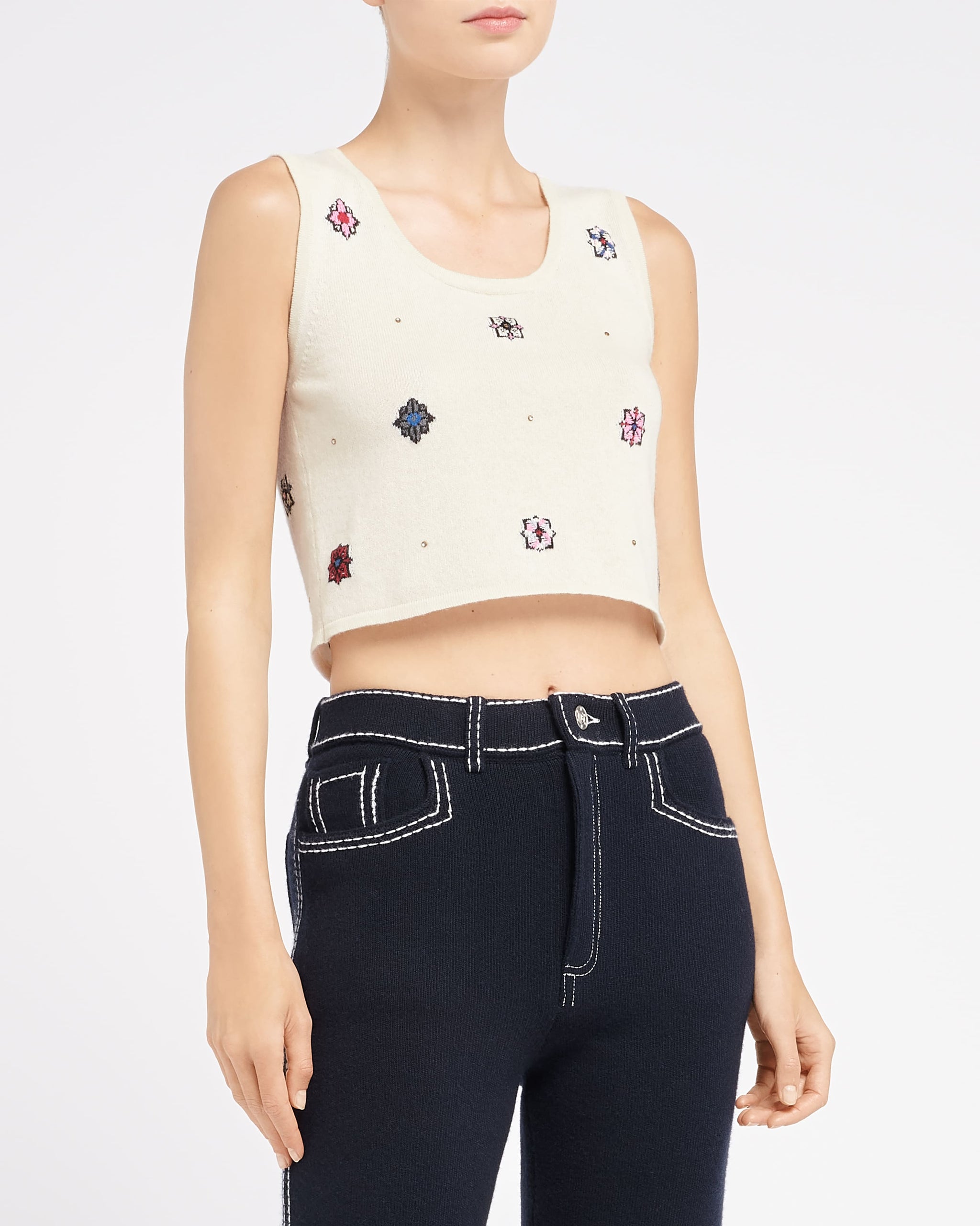 Top court en cachemire et coton à motif fleuri | Barrie - Barrie