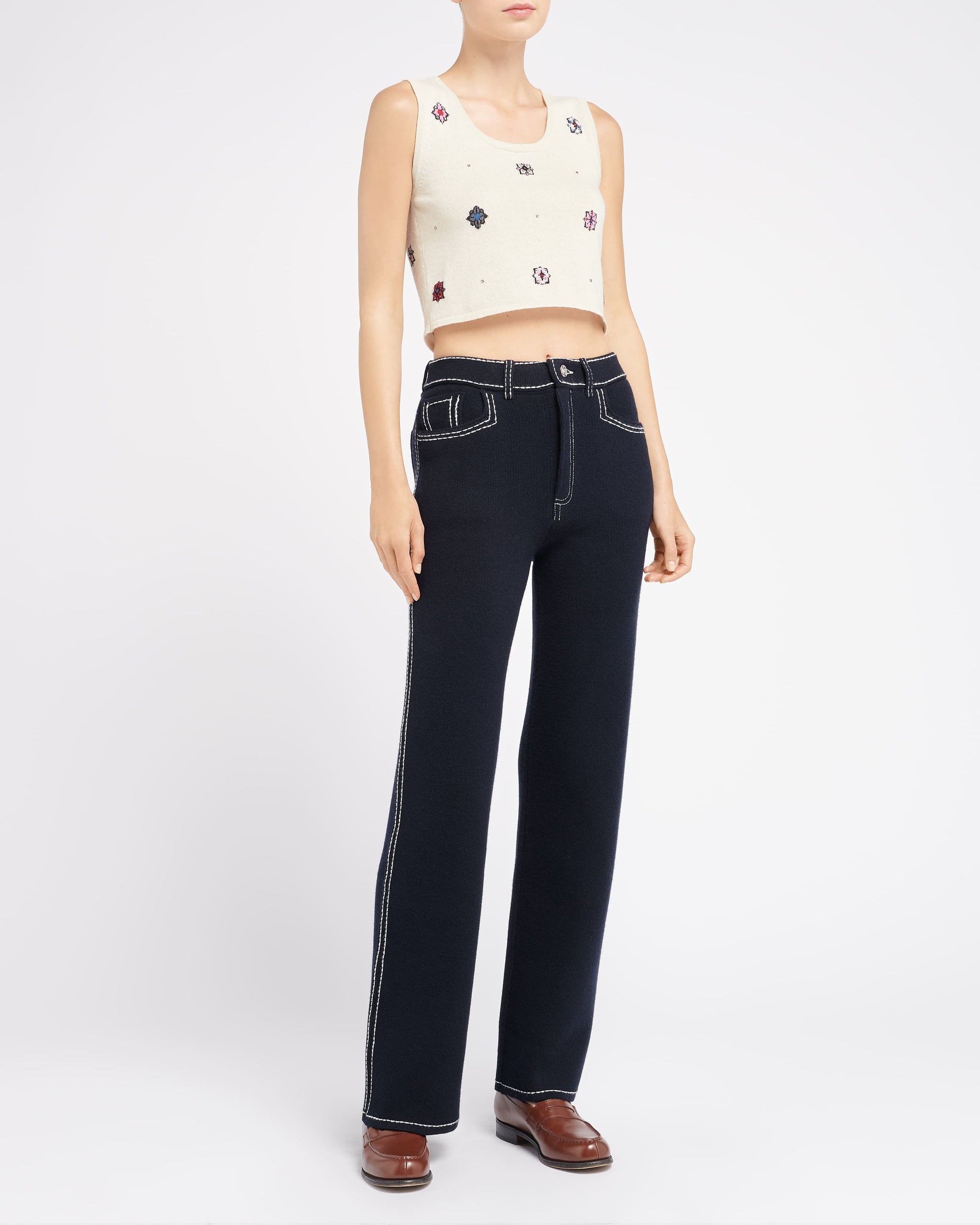 Top court en cachemire et coton à motif fleuri | Barrie - Barrie