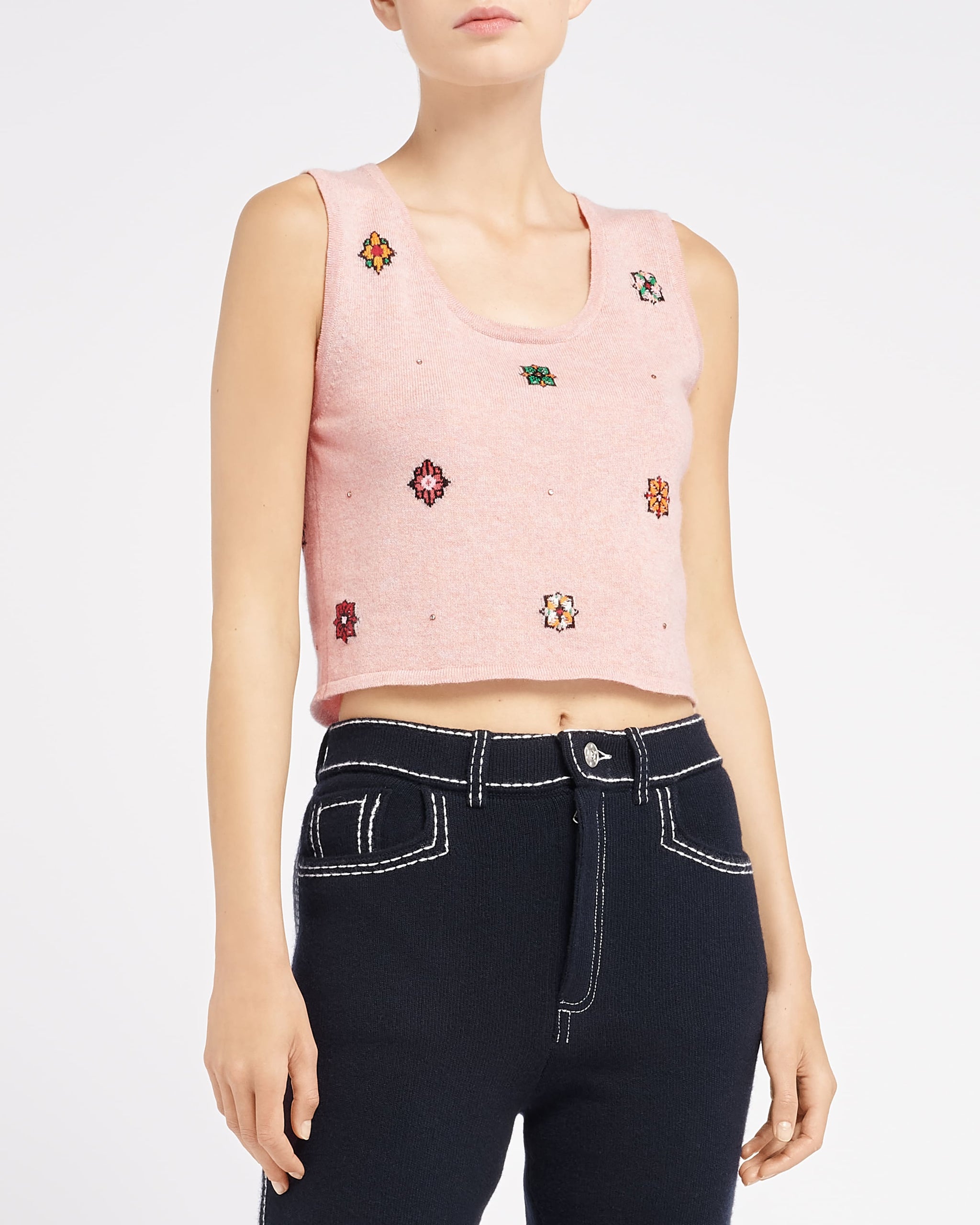 Top court en cachemire et coton à motif fleuri | Barrie - Barrie