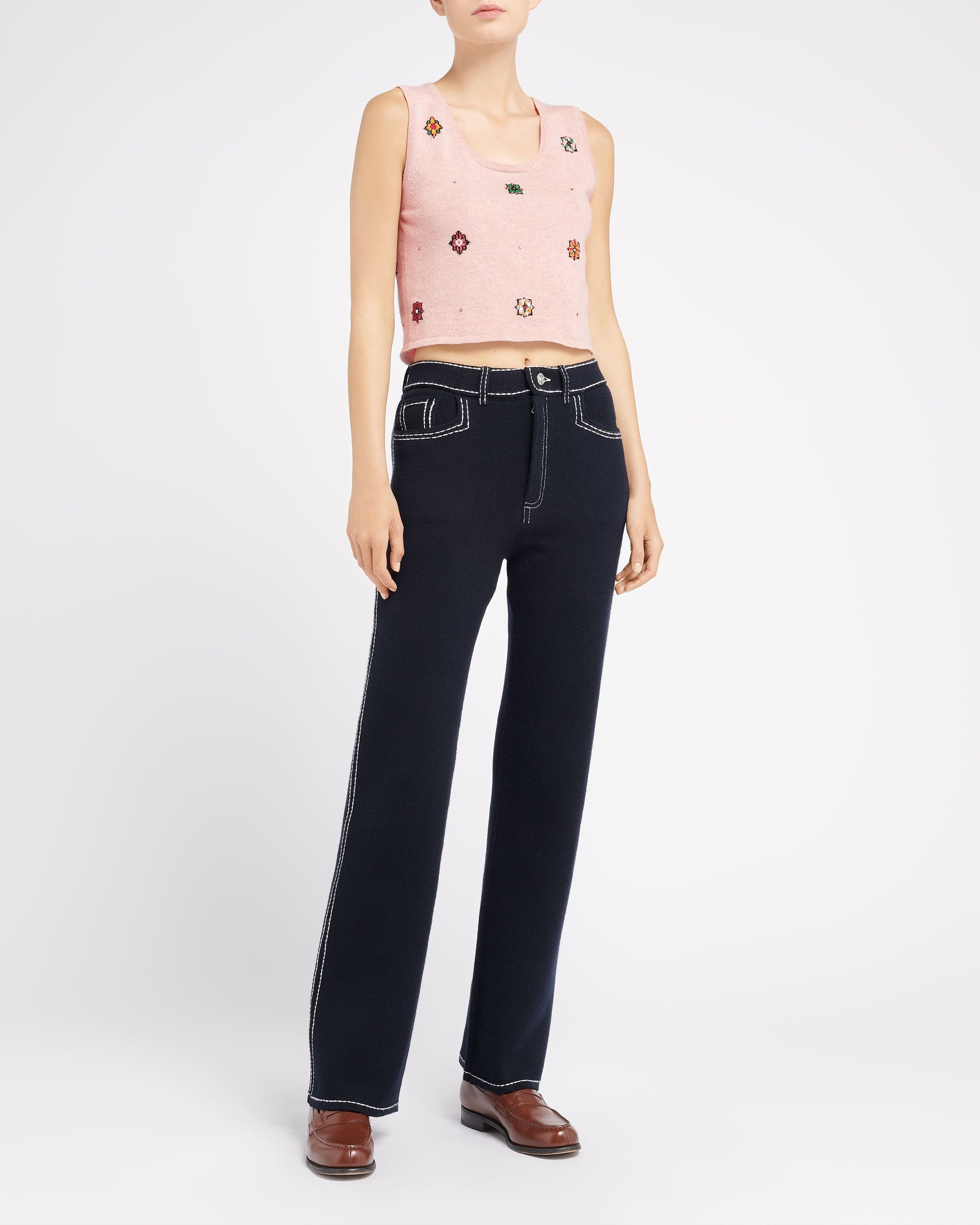 Top court en cachemire et coton à motif fleuri | Barrie - Barrie