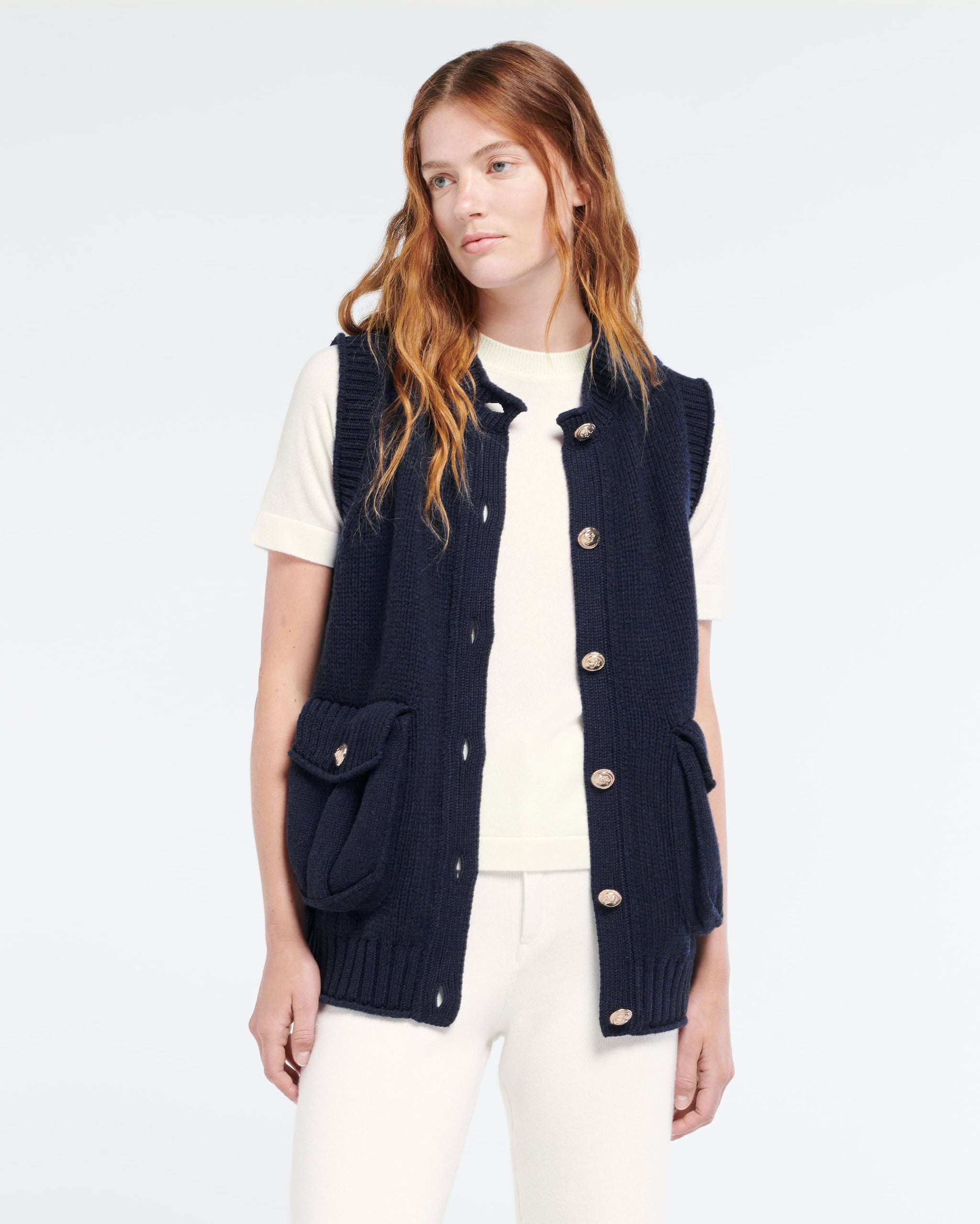 Chunky sleeveless cardigan with gold buttons | Barrie - Barrie