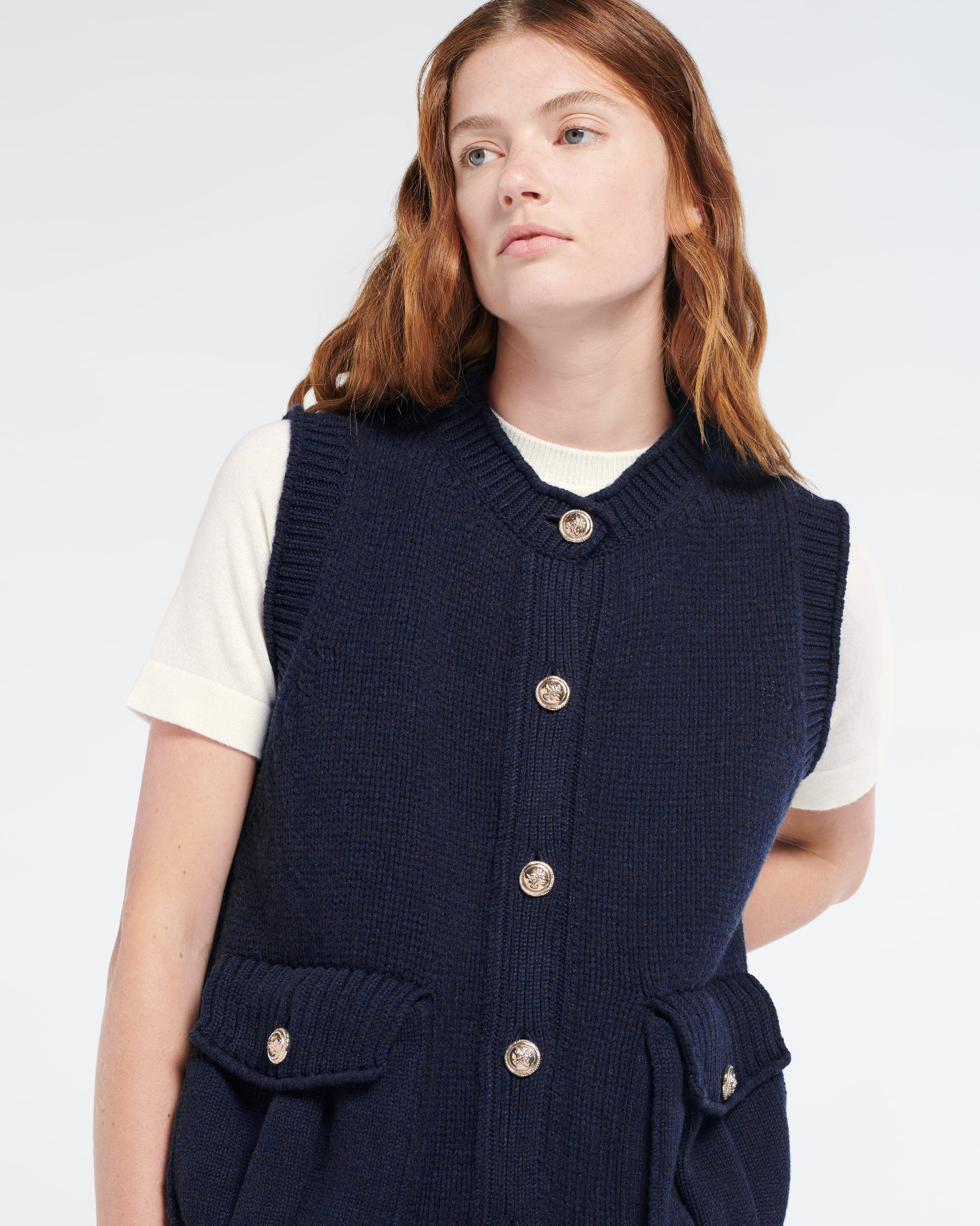 Chunky sleeveless cardigan with gold buttons | Barrie - Barrie