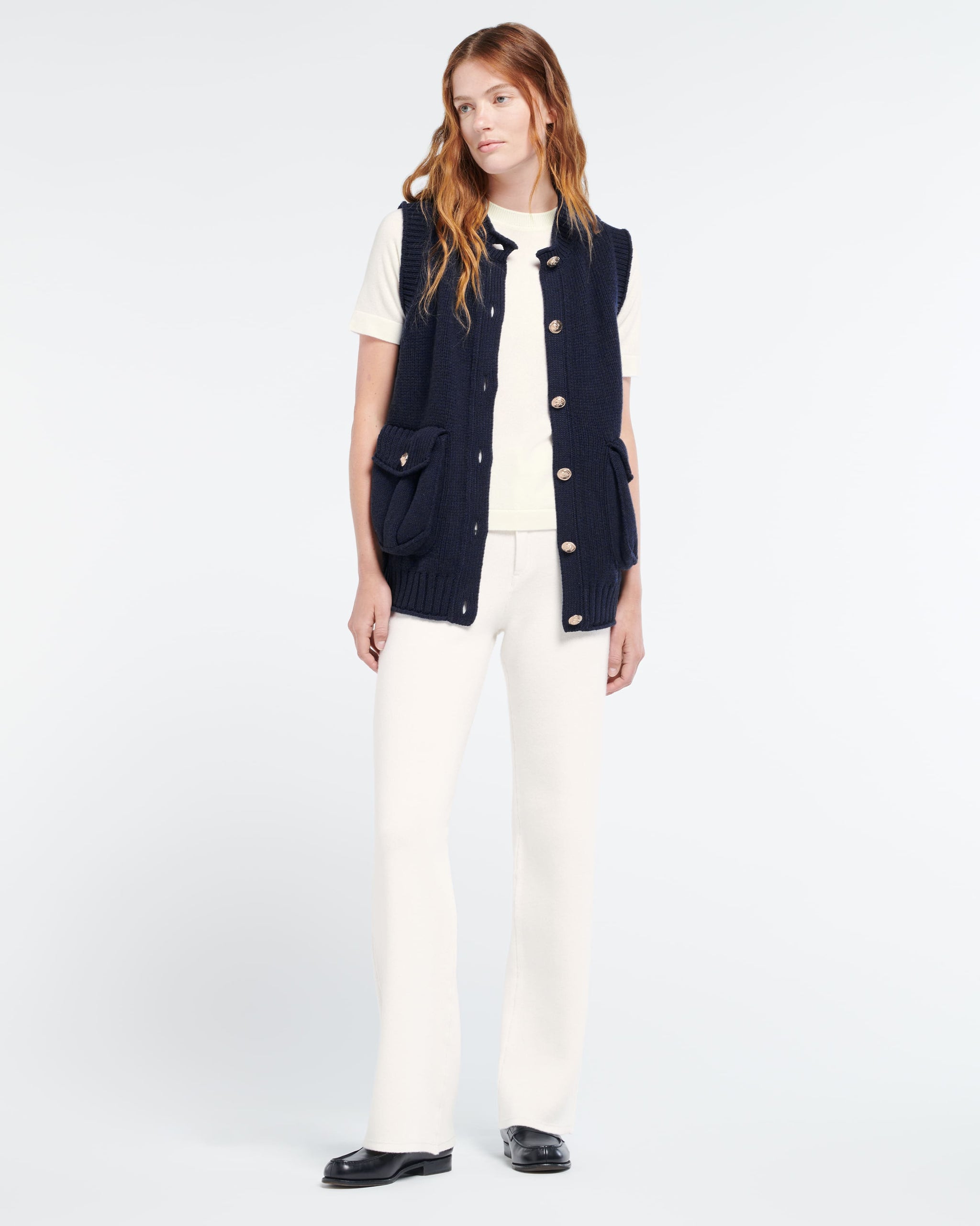 Chunky sleeveless cardigan with gold buttons | Barrie - Barrie