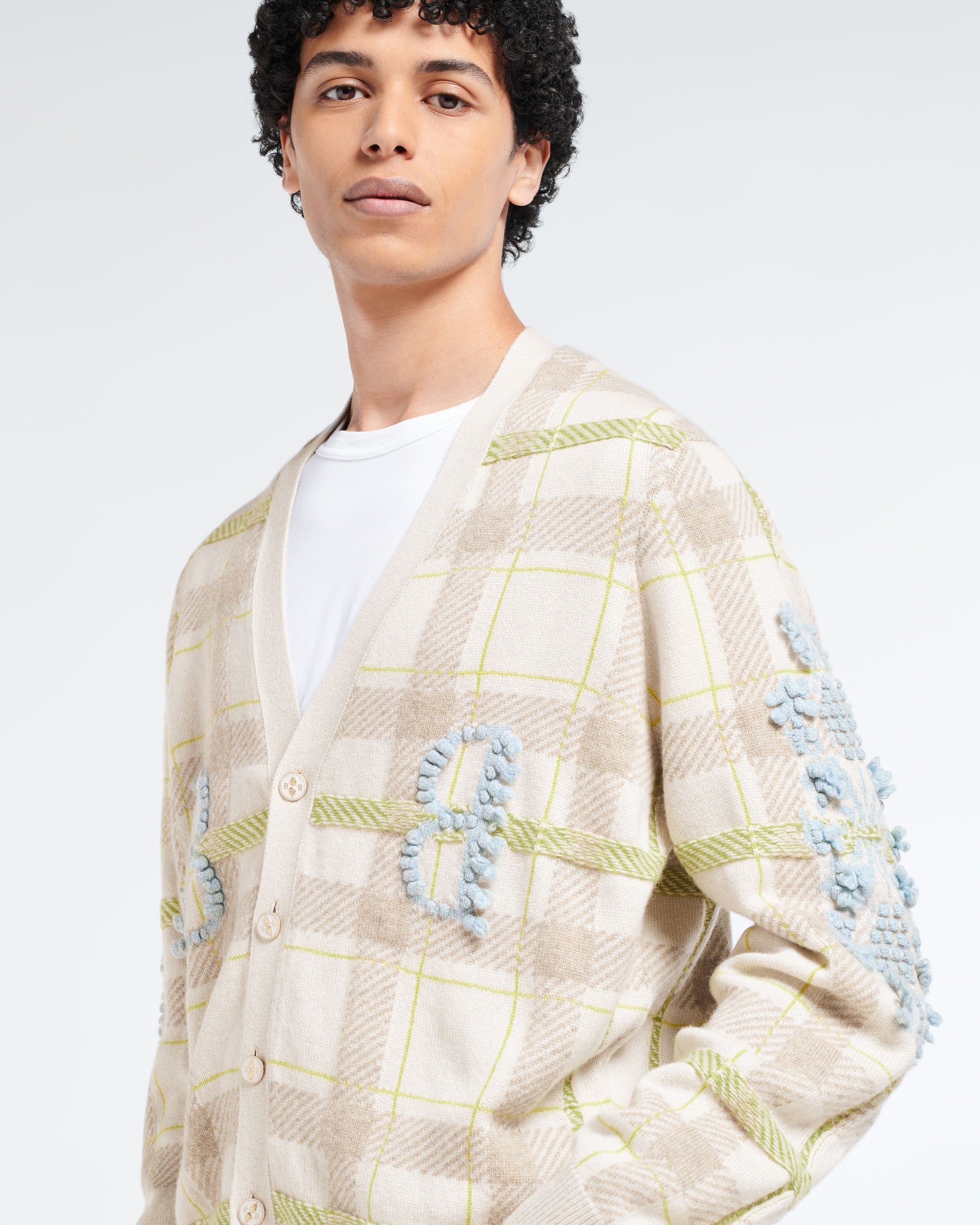 V-neck cashmere cardigan with tartan pattern and B logo | Barrie - Barrie