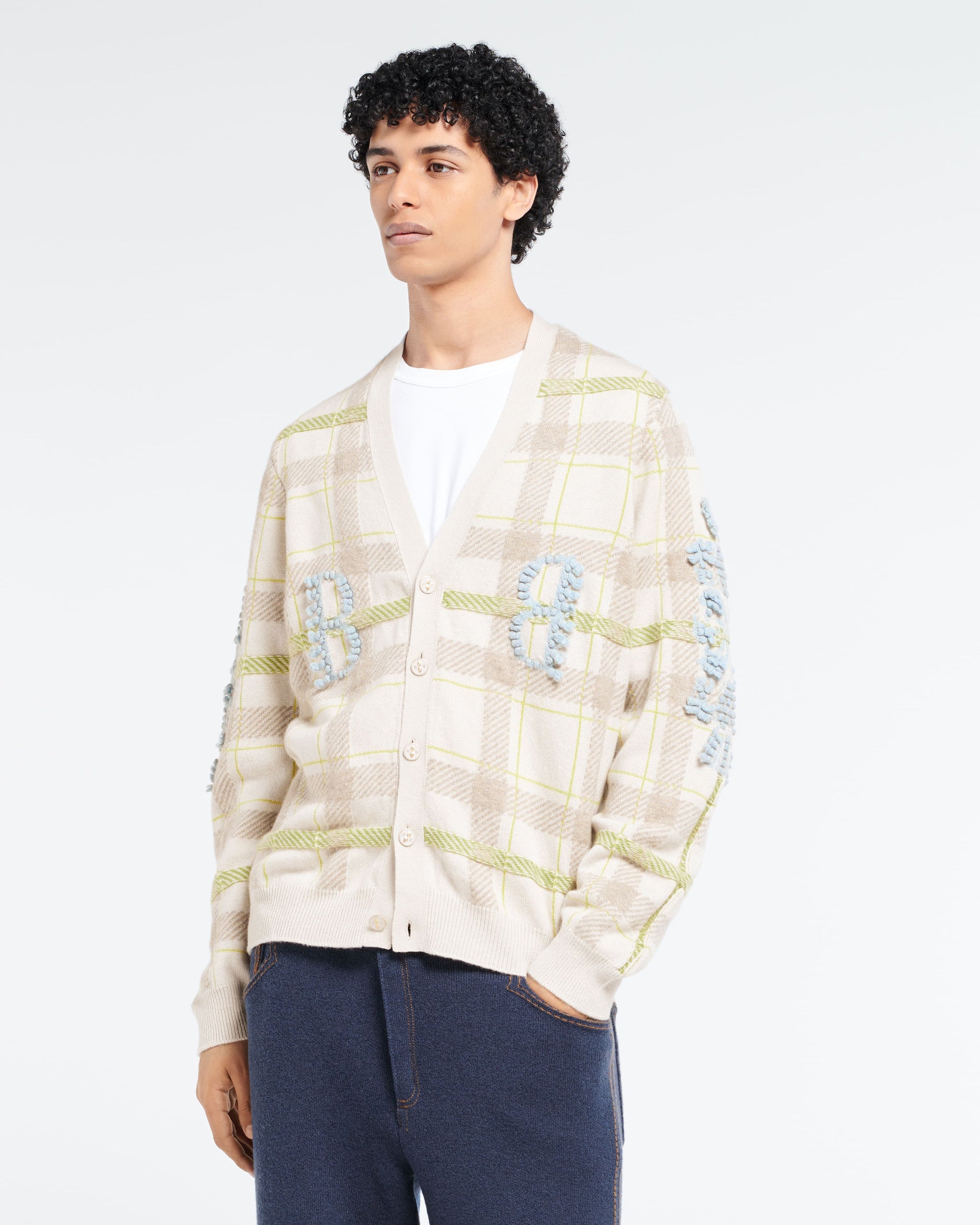 Cardigan col V en cachemire à motif tartan et logo B | Barrie - Barrie