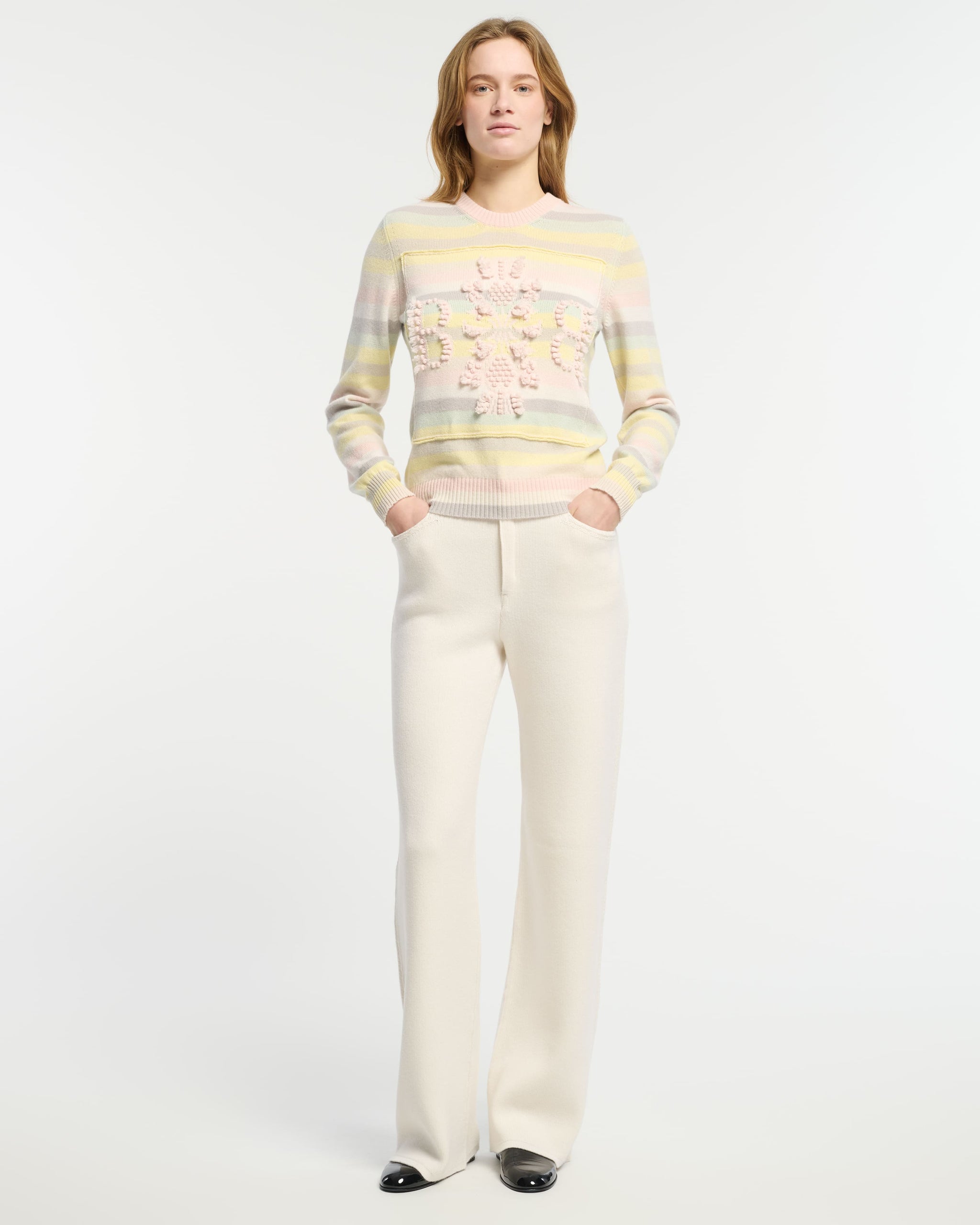 Pull col rond logo 3D en cachemire à rayures | Barrie - Barrie