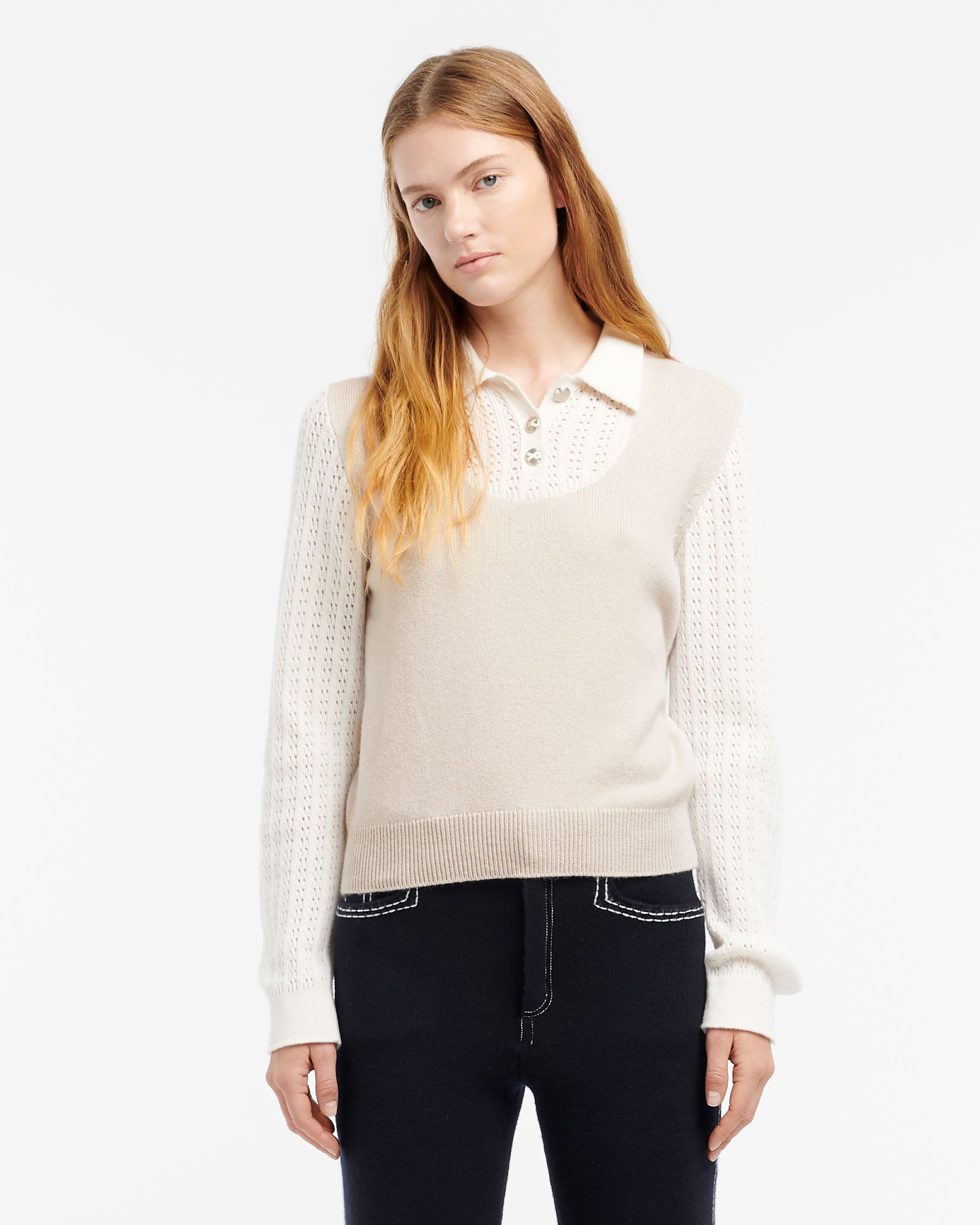 Cashmere lace jumper with polo shirt collar – Barrie