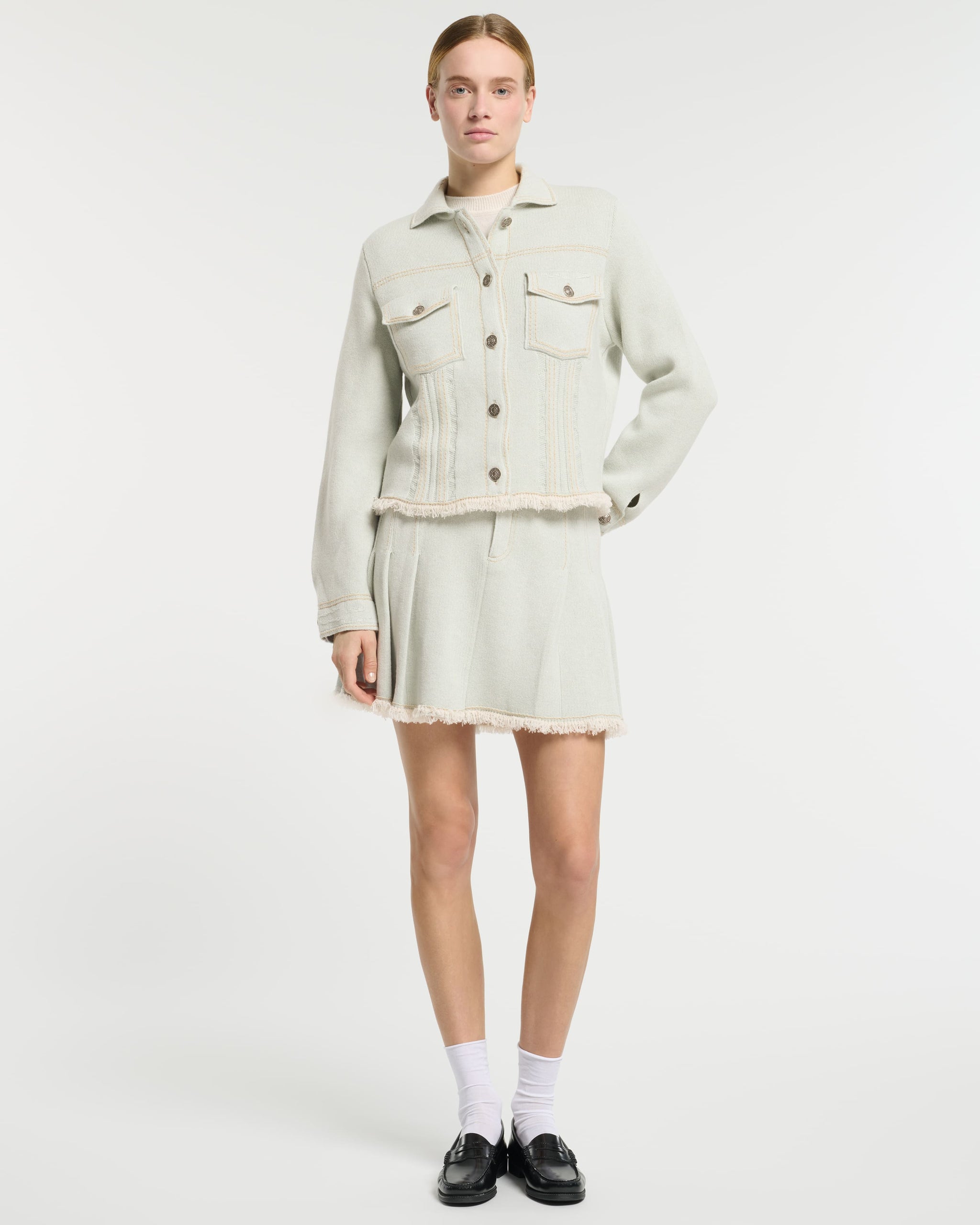 Denim jacket with pleated back in cashmere and cotton | Barrie - Barrie