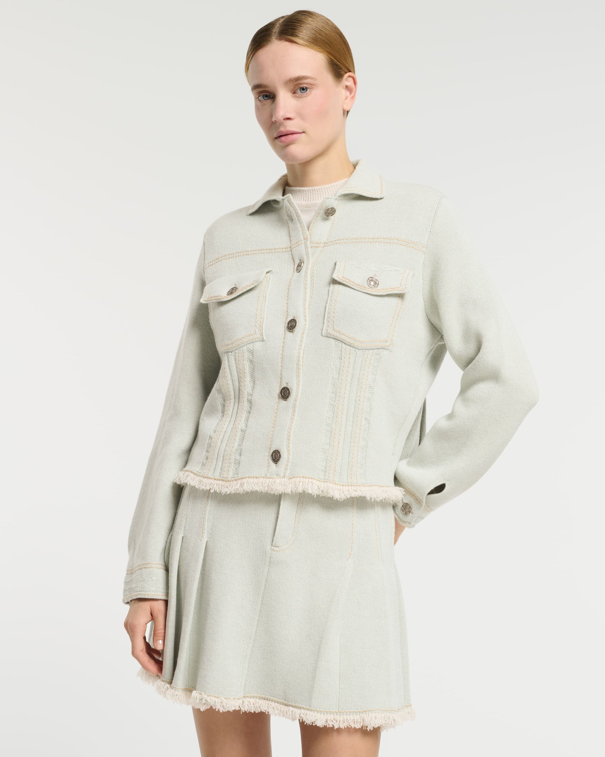 Denim jacket with pleated back in cashmere and cotton | Barrie - Barrie