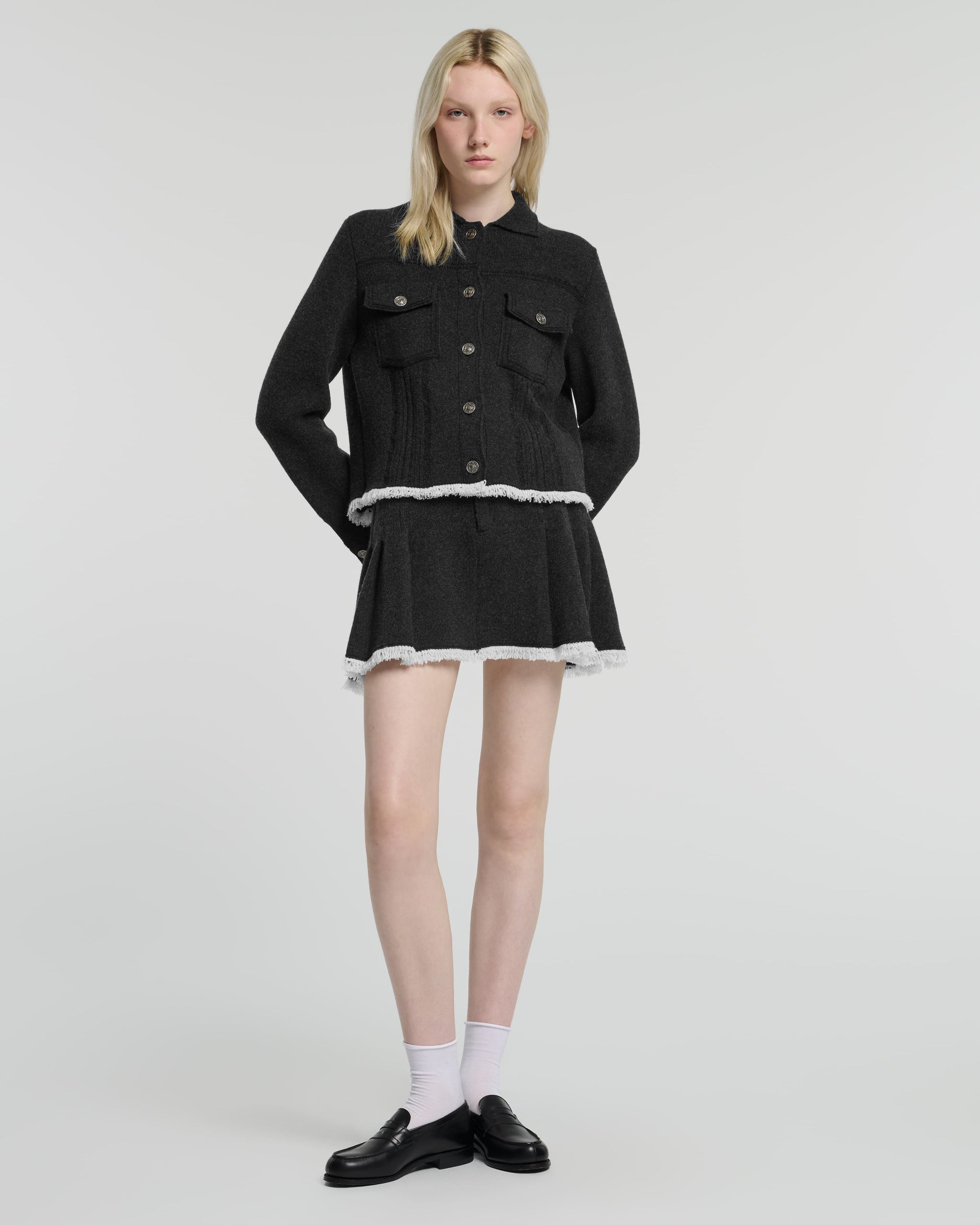 Denim skirt with pleated back in cashmere and cotton | Barrie - Barrie