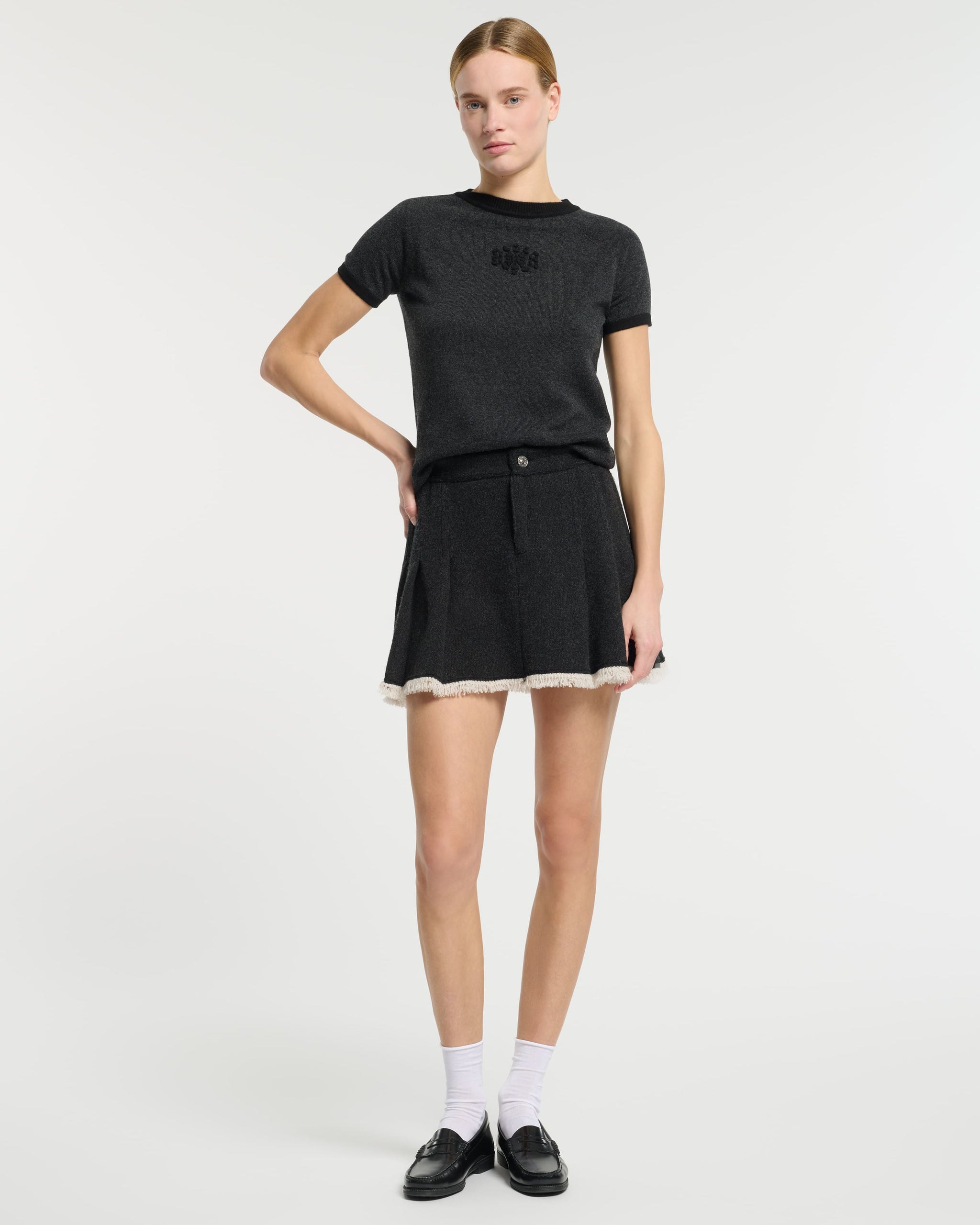 Denim skirt with pleated back in cashmere and cotton | Barrie - Barrie