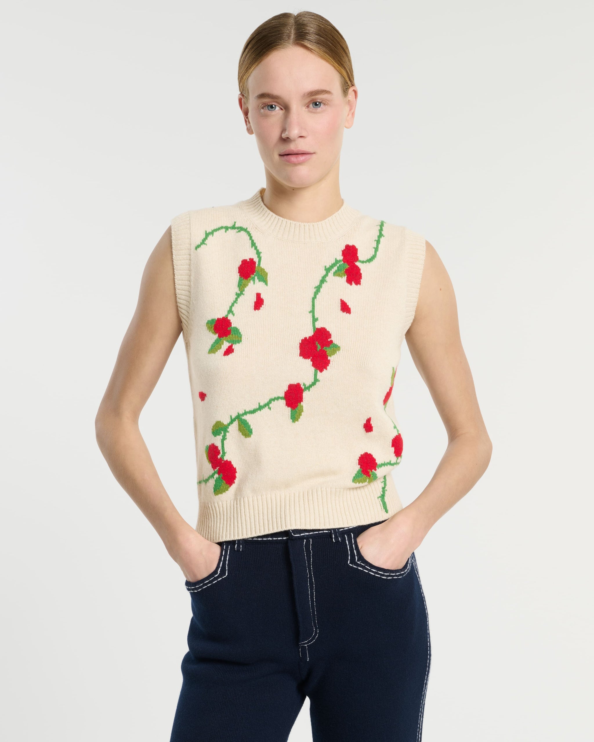 Sleeveless cashmere jumper with floral motif | Barrie - Barrie