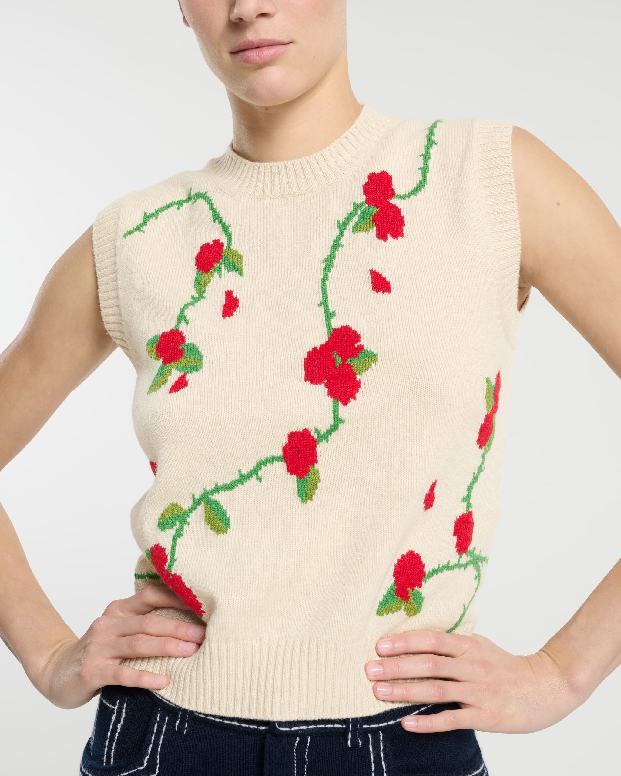 Sleeveless cashmere jumper with floral motif | Barrie - Barrie