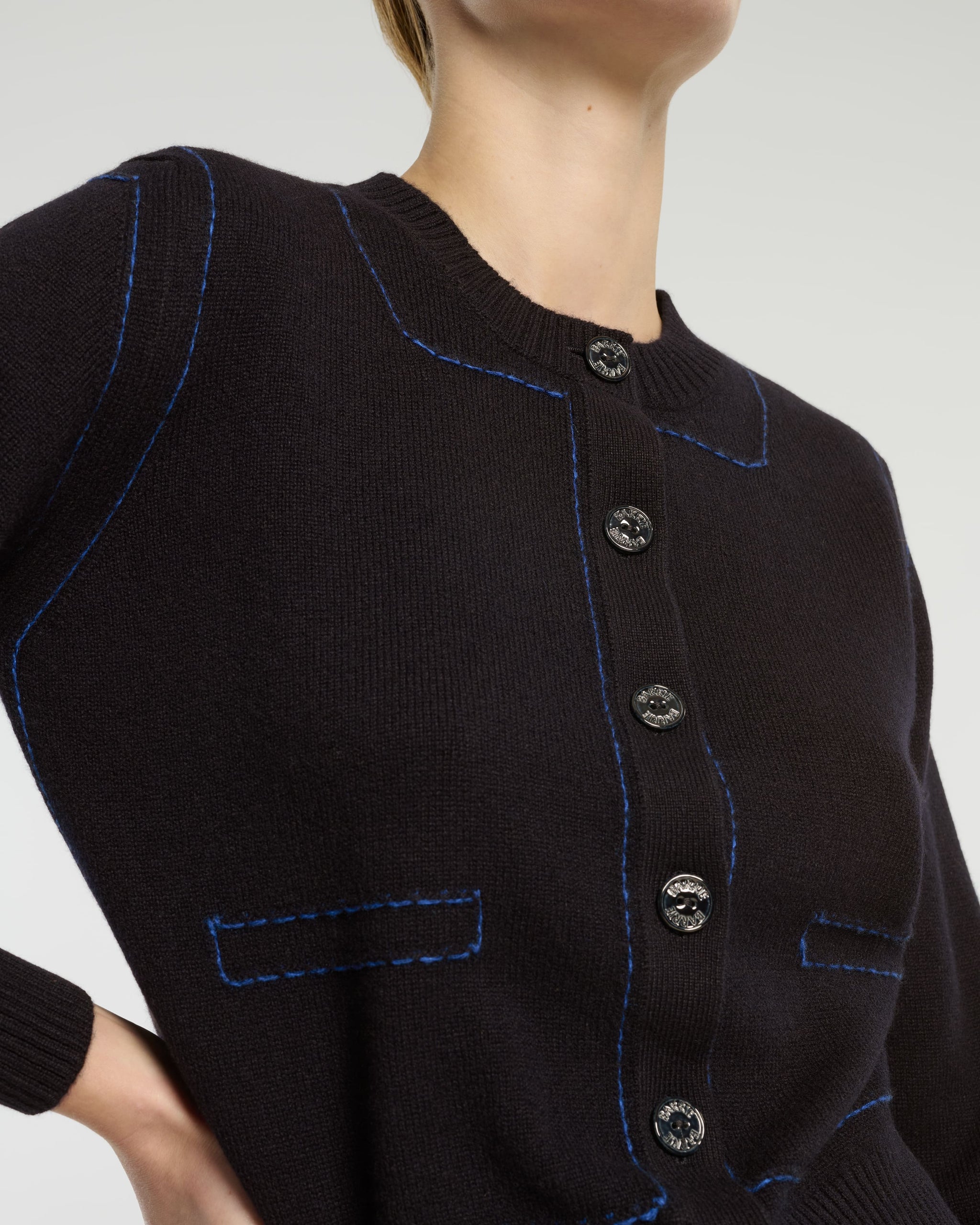 대비를 이루는 스티치 캐시미어 카디건 | Barrie - Barrie