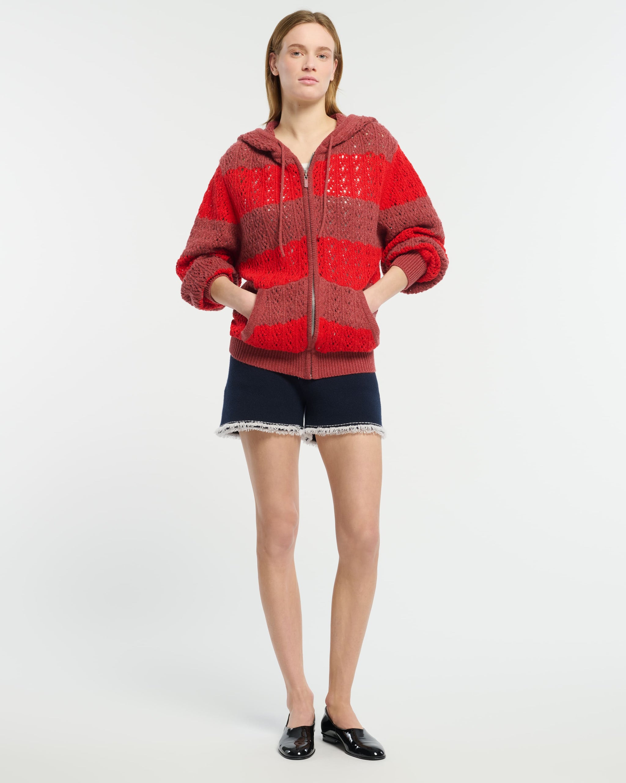 Striped cashmere lace hooded oversize cardigan with zip  | Barrie - Barrie
