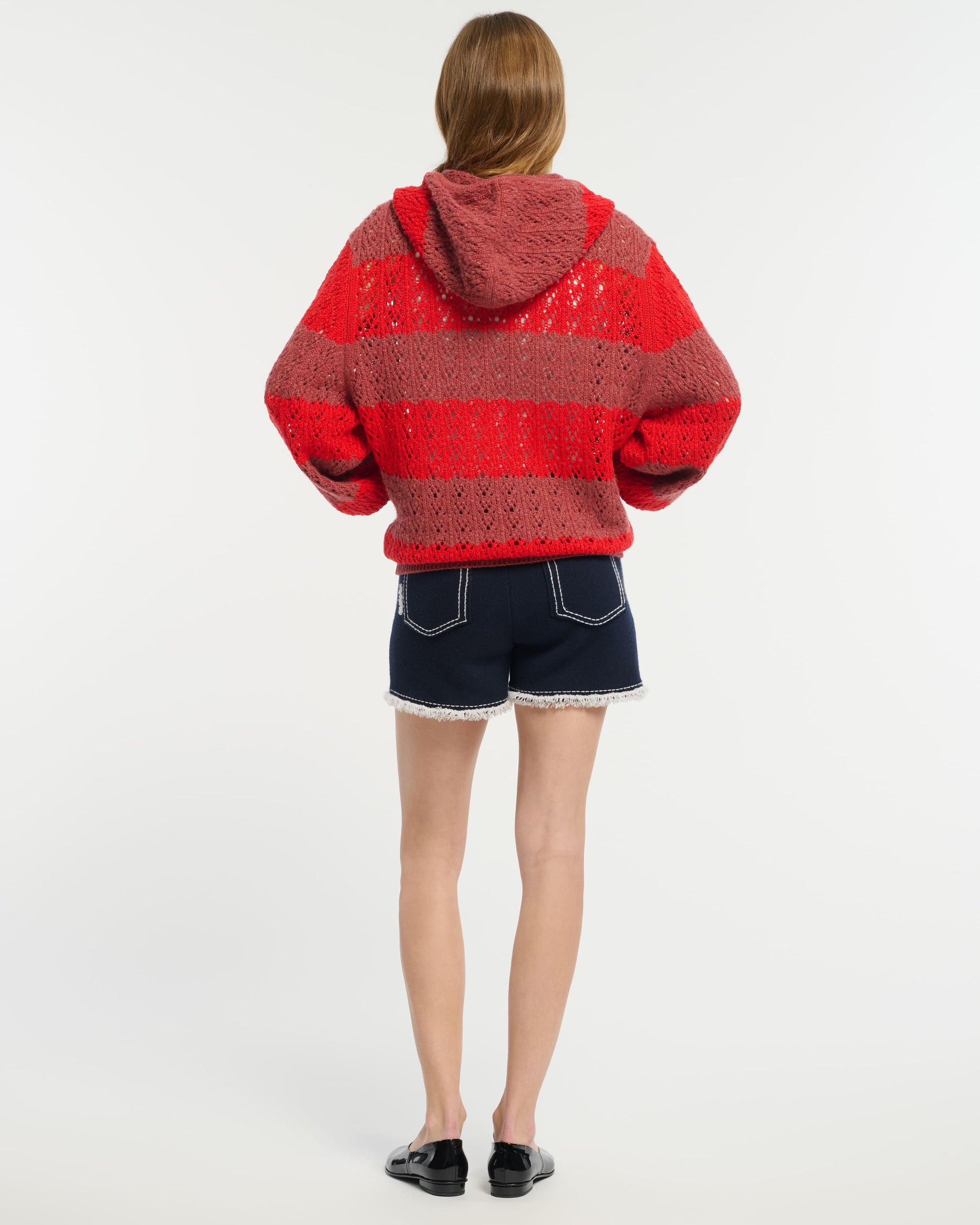 Striped cashmere lace hooded oversize cardigan with zip  | Barrie - Barrie