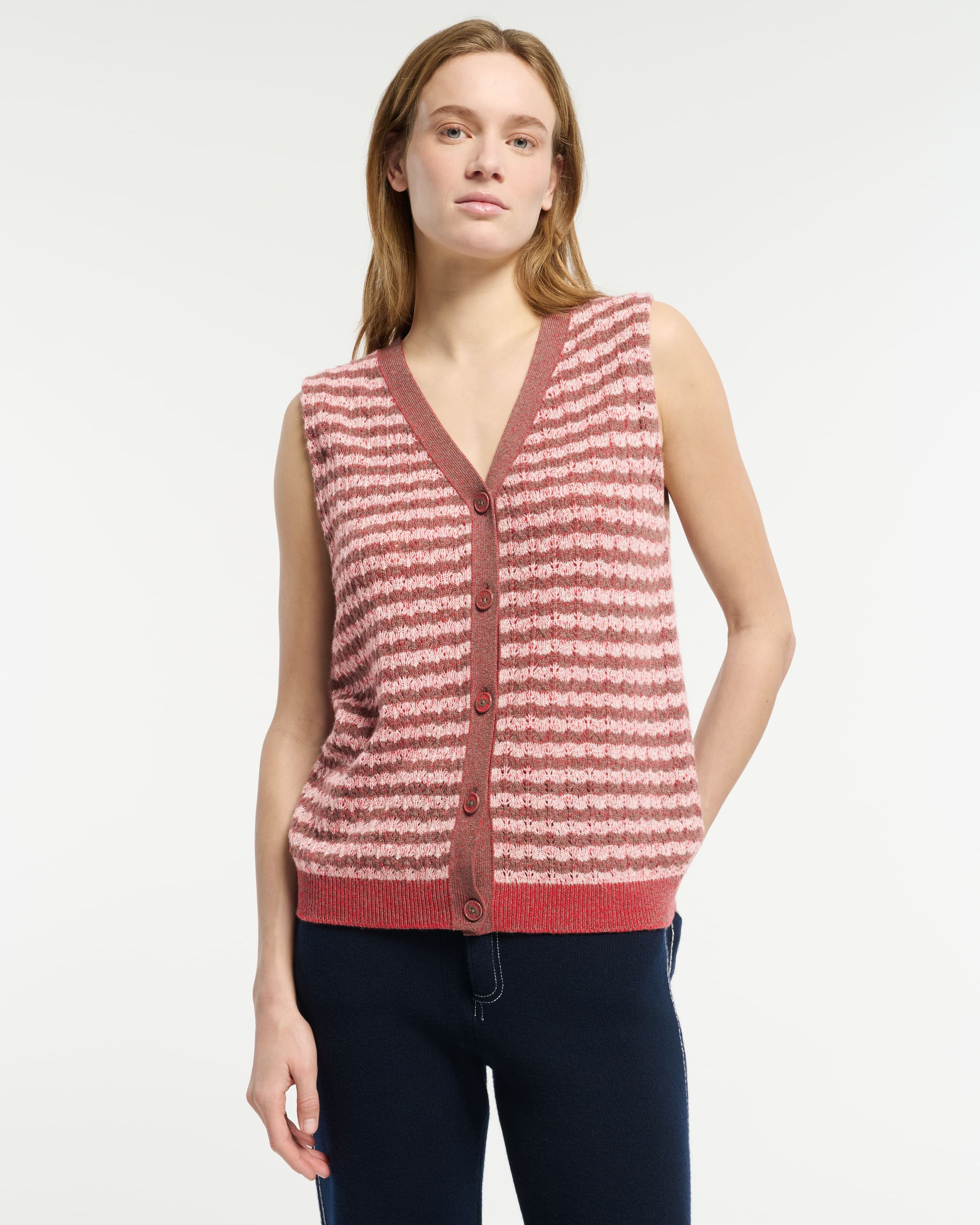 Striped cashmere lace sleeveless gilet   | Barrie - Barrie