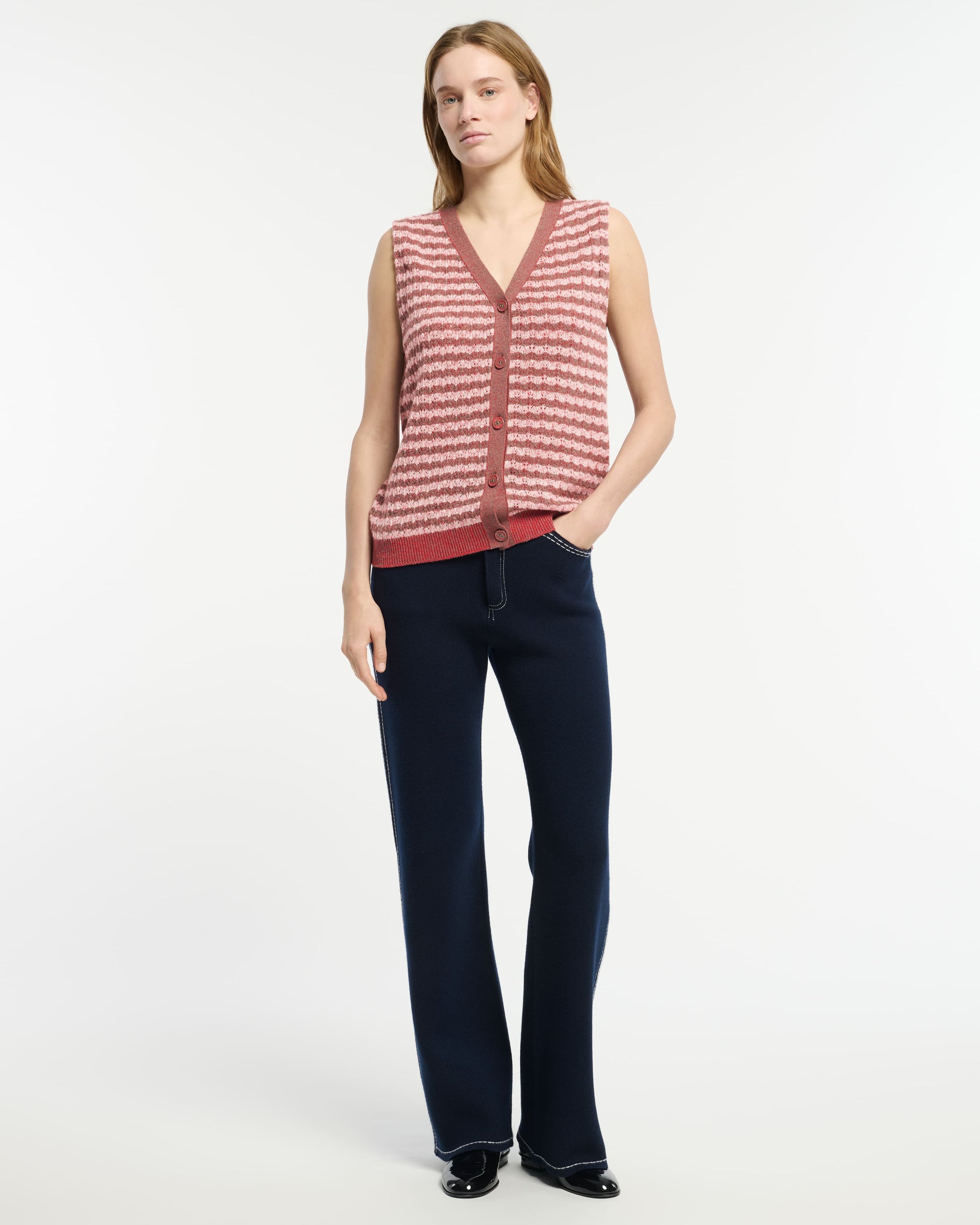 Striped cashmere lace sleeveless gilet   | Barrie - Barrie