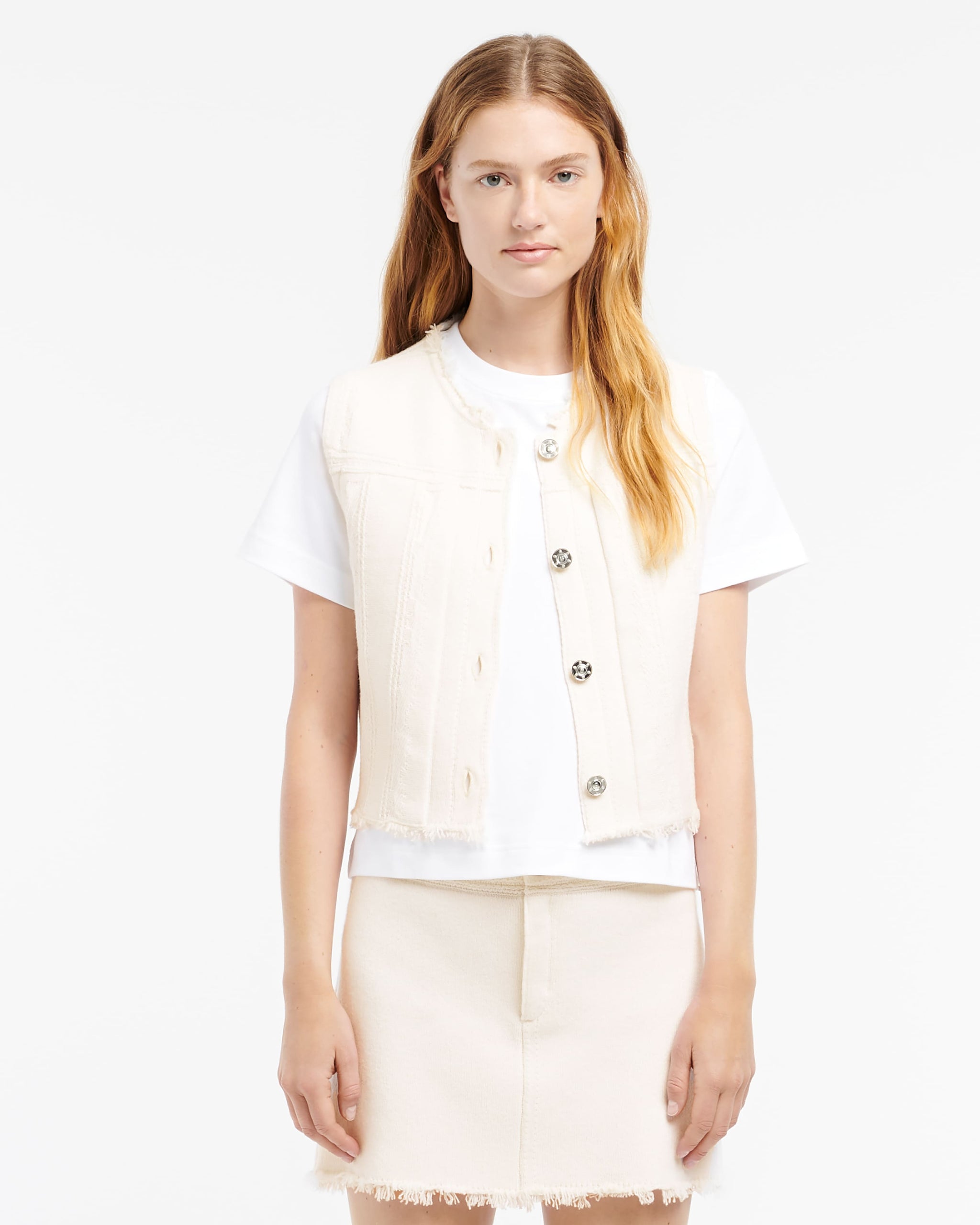 Denim fringed cashmere and cotton sleeveless jacket | Barrie - Barrie