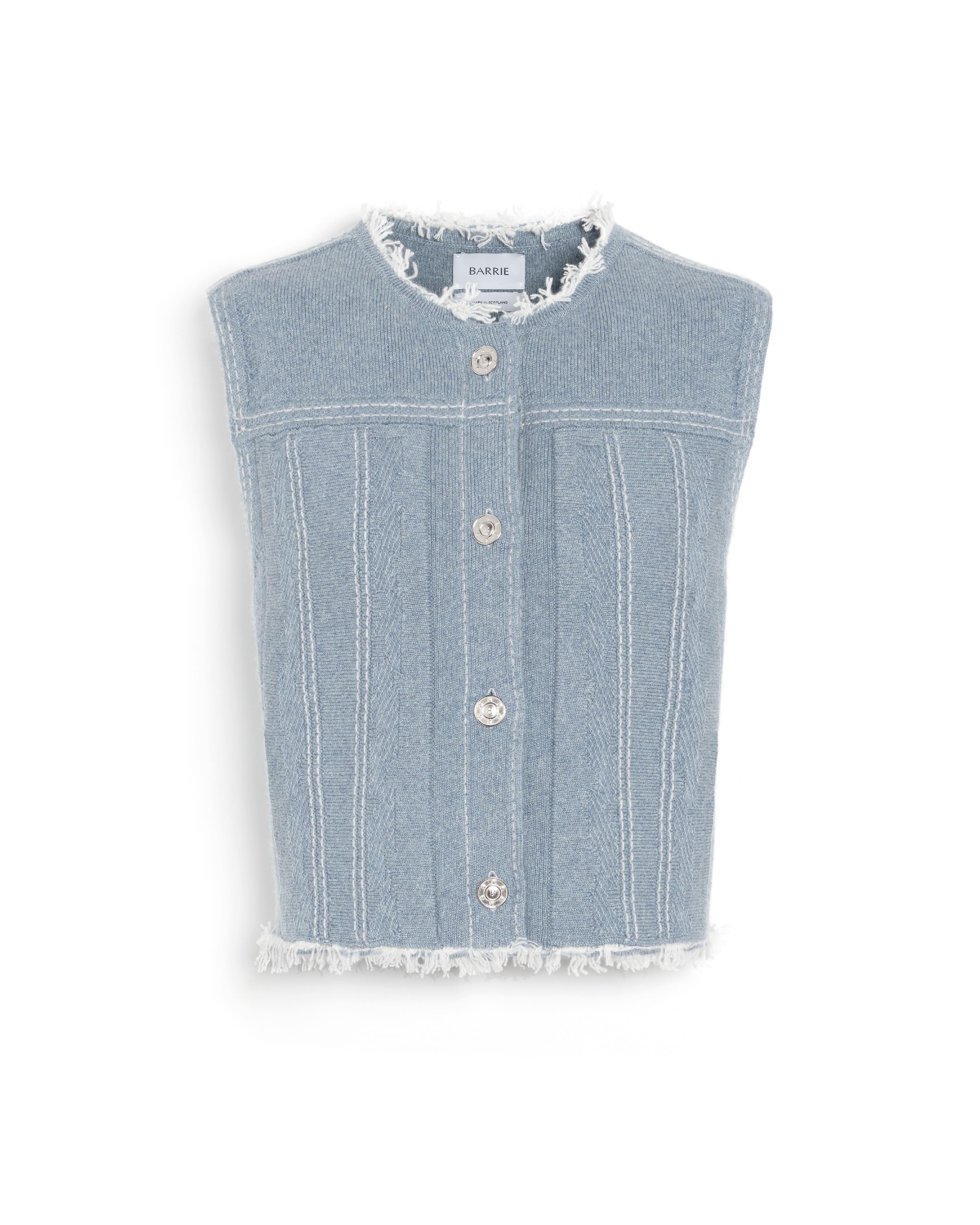 Denim fringed cashmere and cotton sleeveless jacket