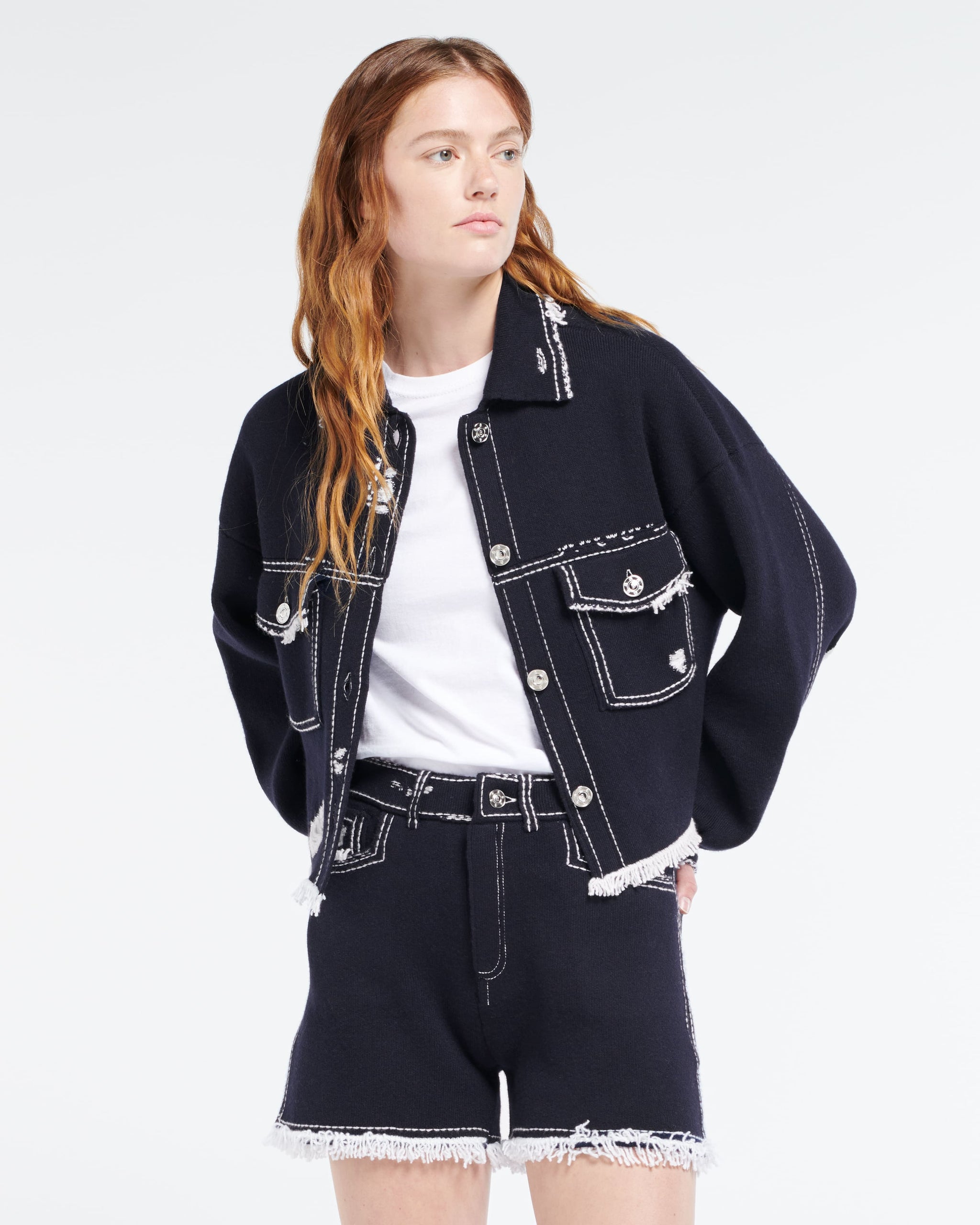 Denim fringed cashmere and cotton jacket | Barrie - Barrie