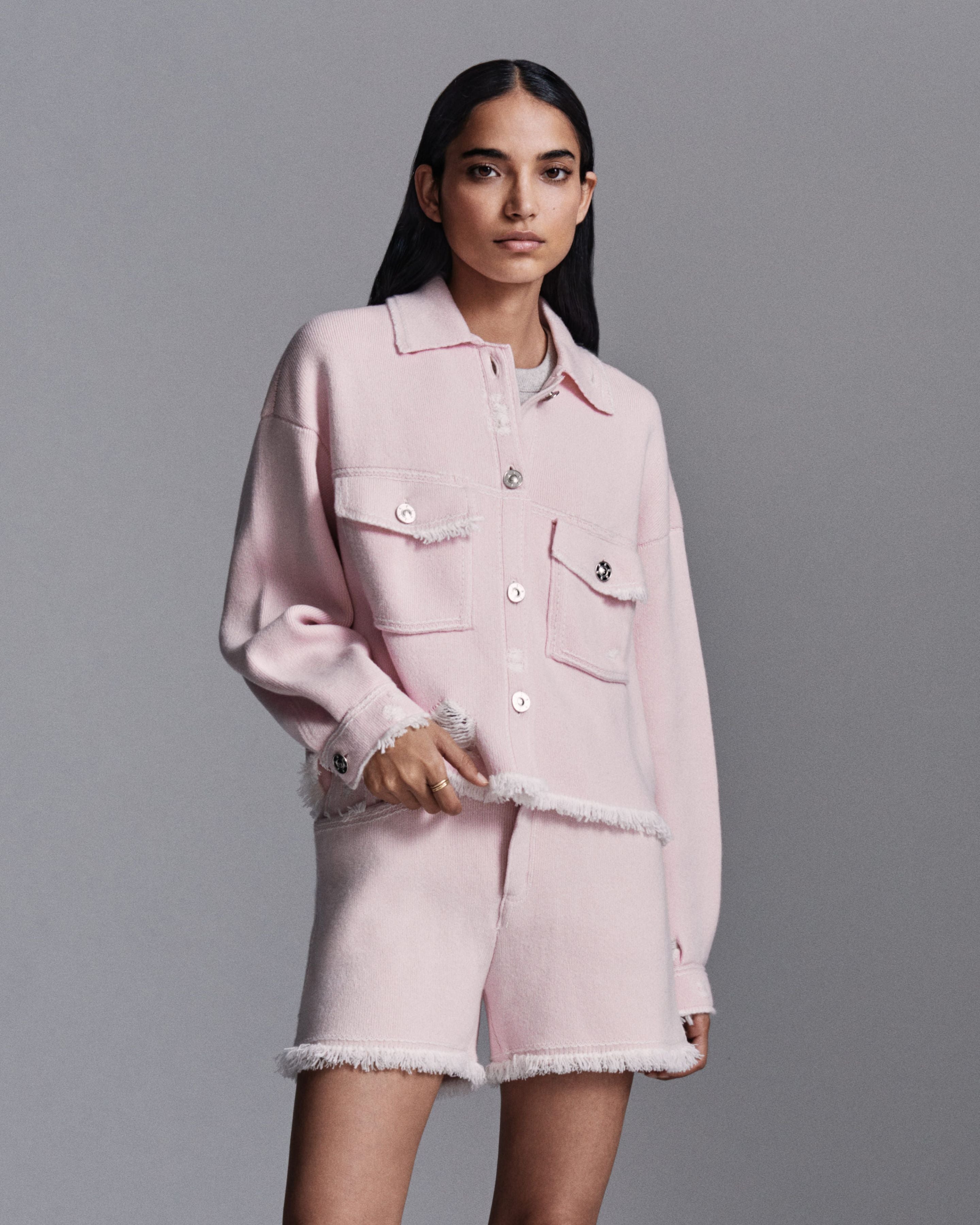 Denim fringed cashmere and cotton jacket – Barrie.com