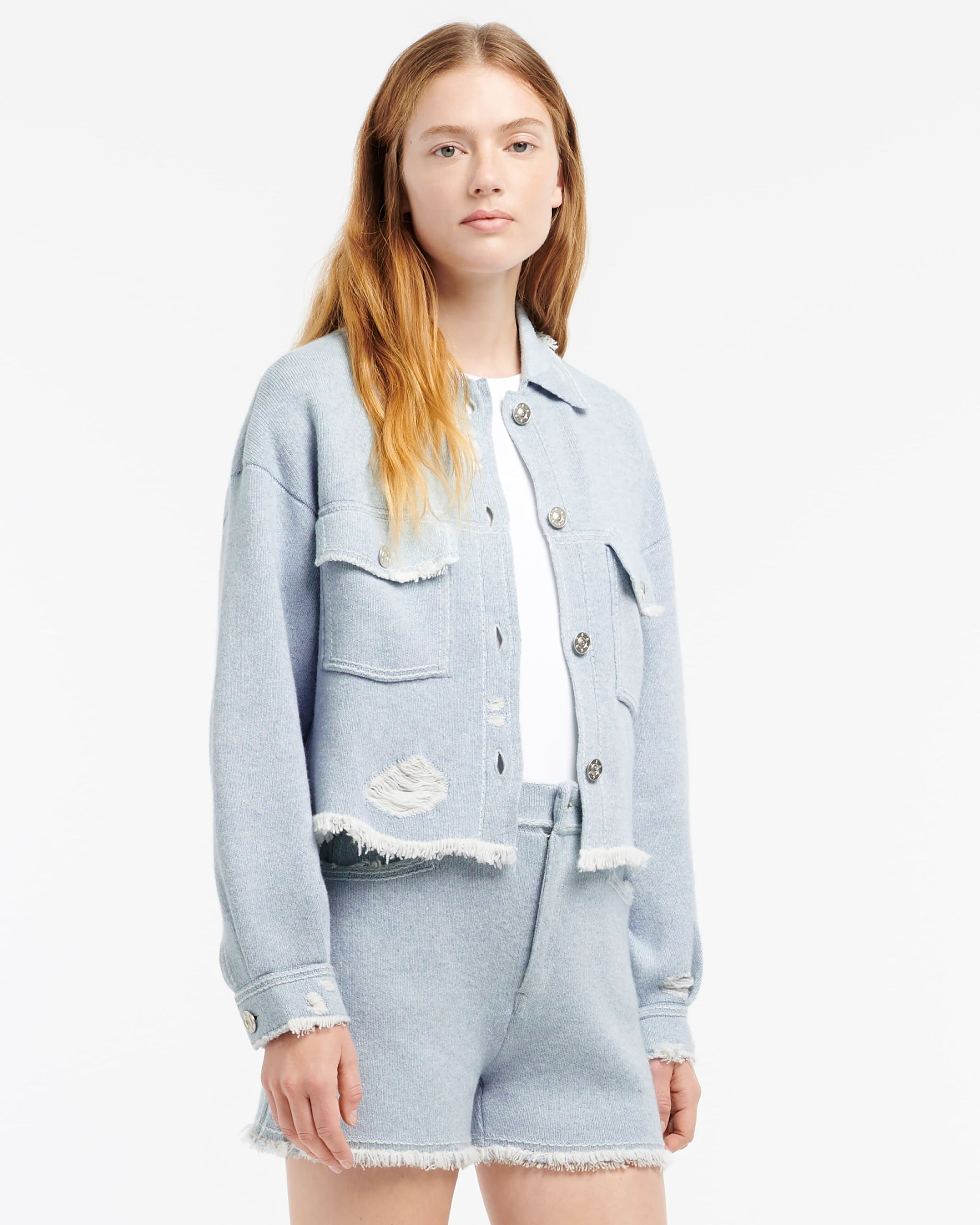 캐시미어와 면 프린지 디테일 데님 재킷 | Barrie - Barrie