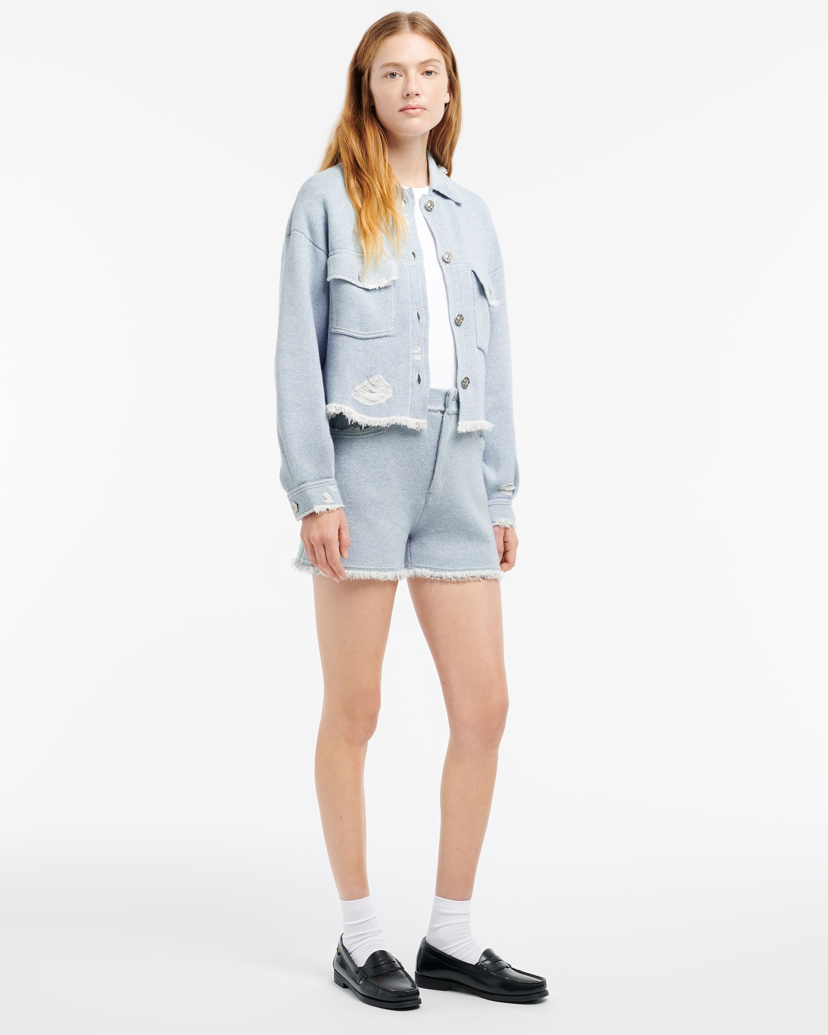 Denim fringed cashmere and cotton jacket – Barrie