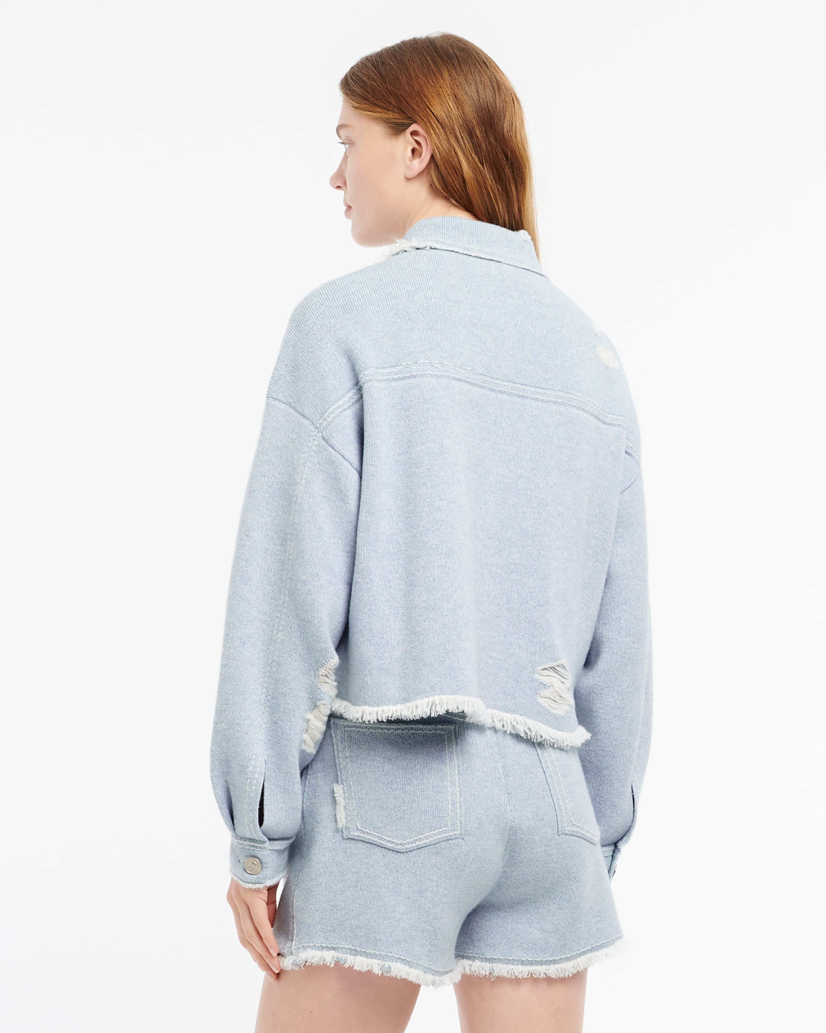 Denim fringed cashmere and cotton jacket – Barrie