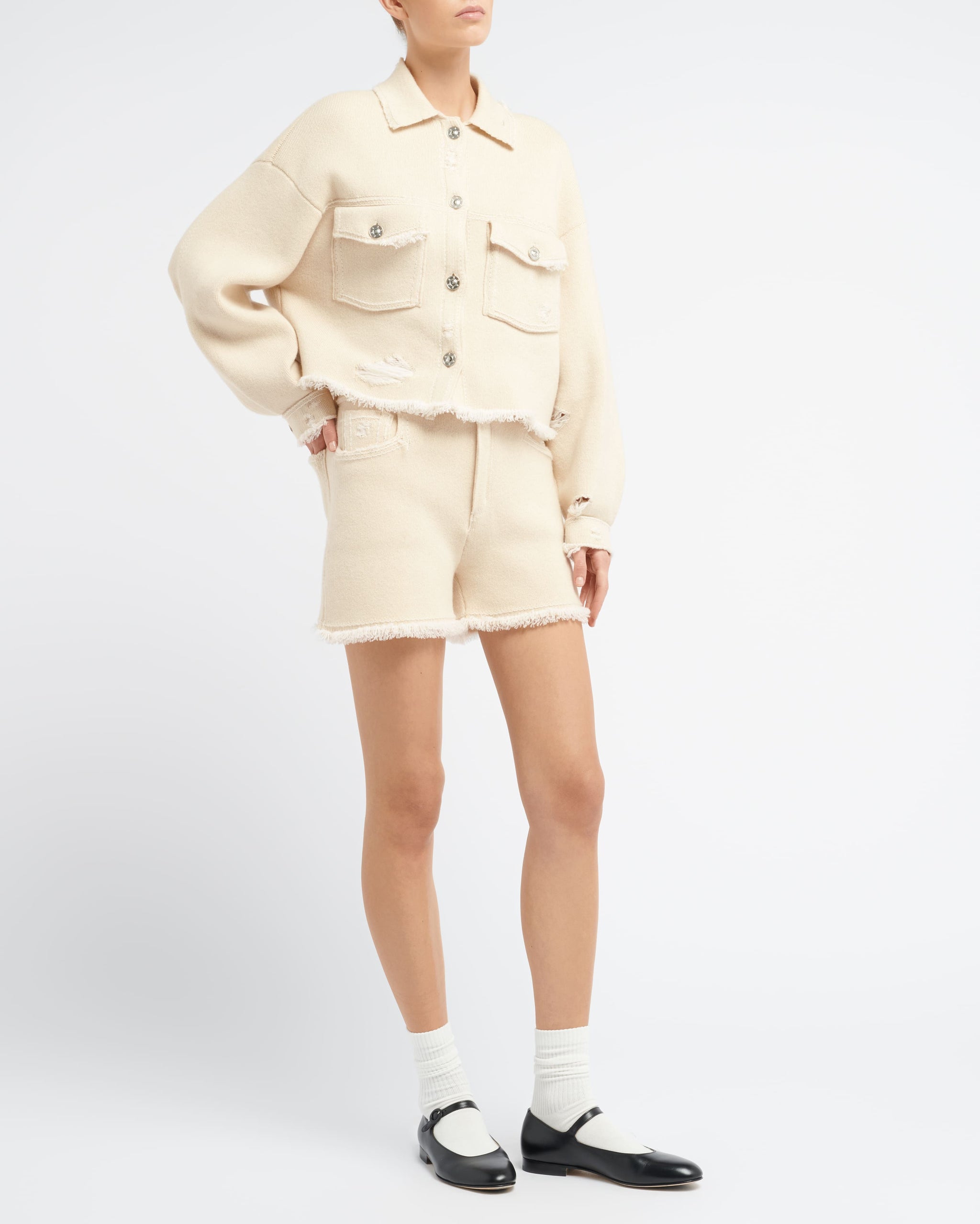 Denim fringed cashmere and cotton shorts | Barrie - Barrie