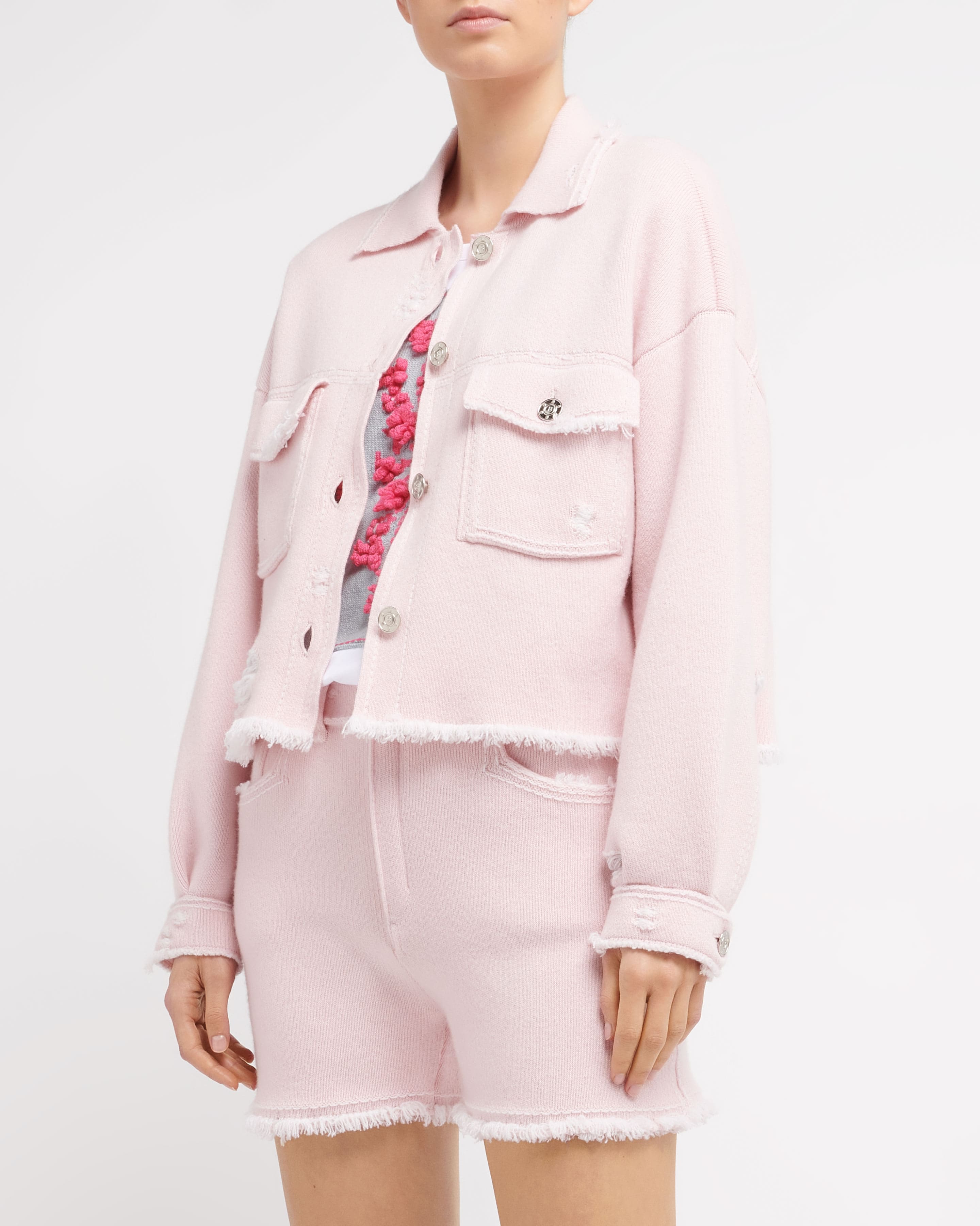 Denim fringed cashmere and cotton jacket