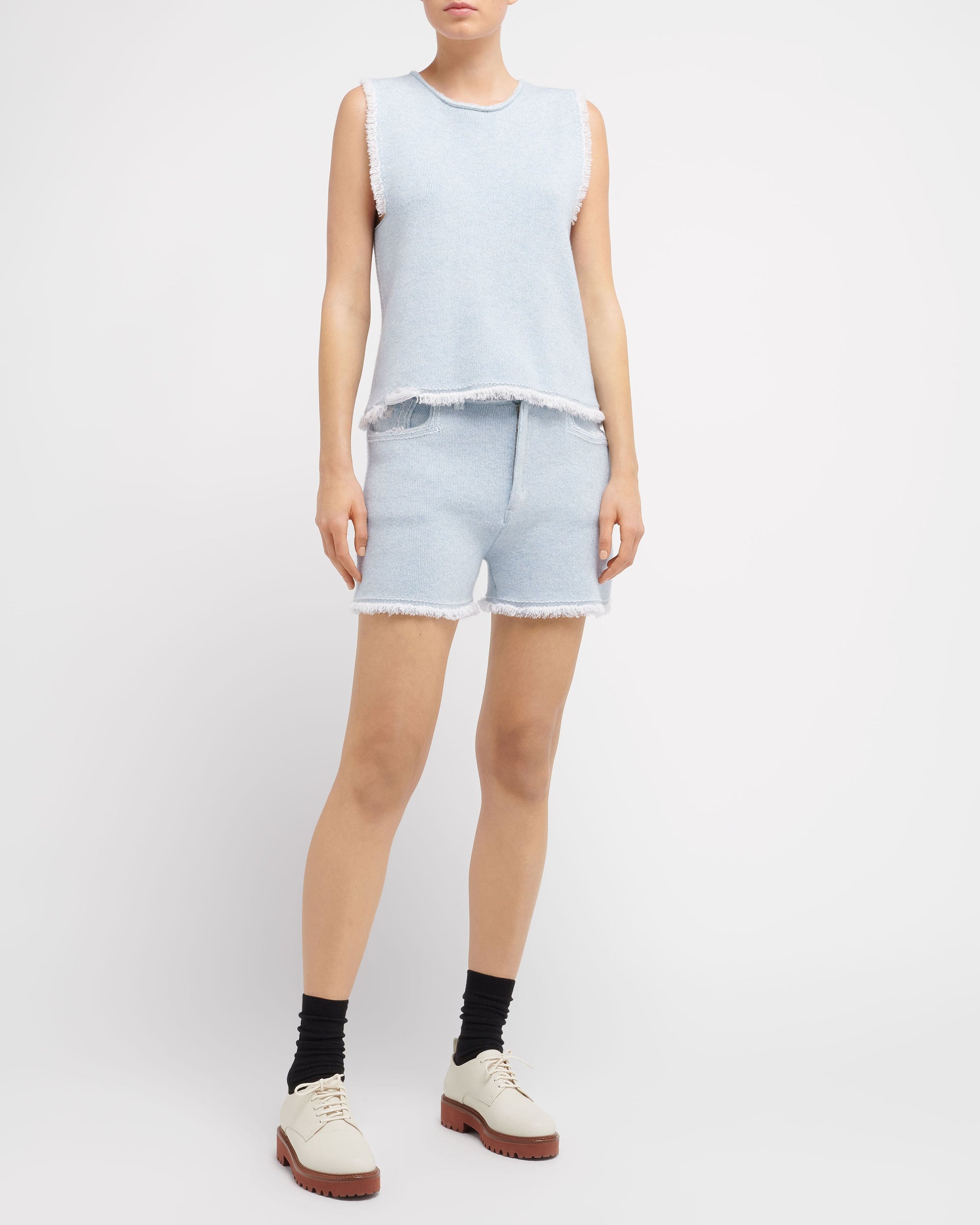 Denim fringed cashmere and cotton shorts | Barrie - Barrie