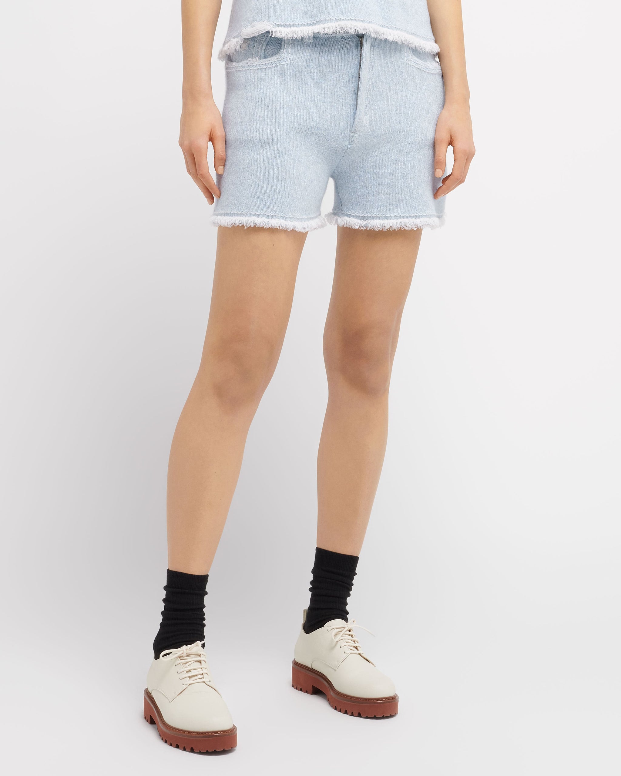 Denim fringed cashmere and cotton shorts | Barrie - Barrie